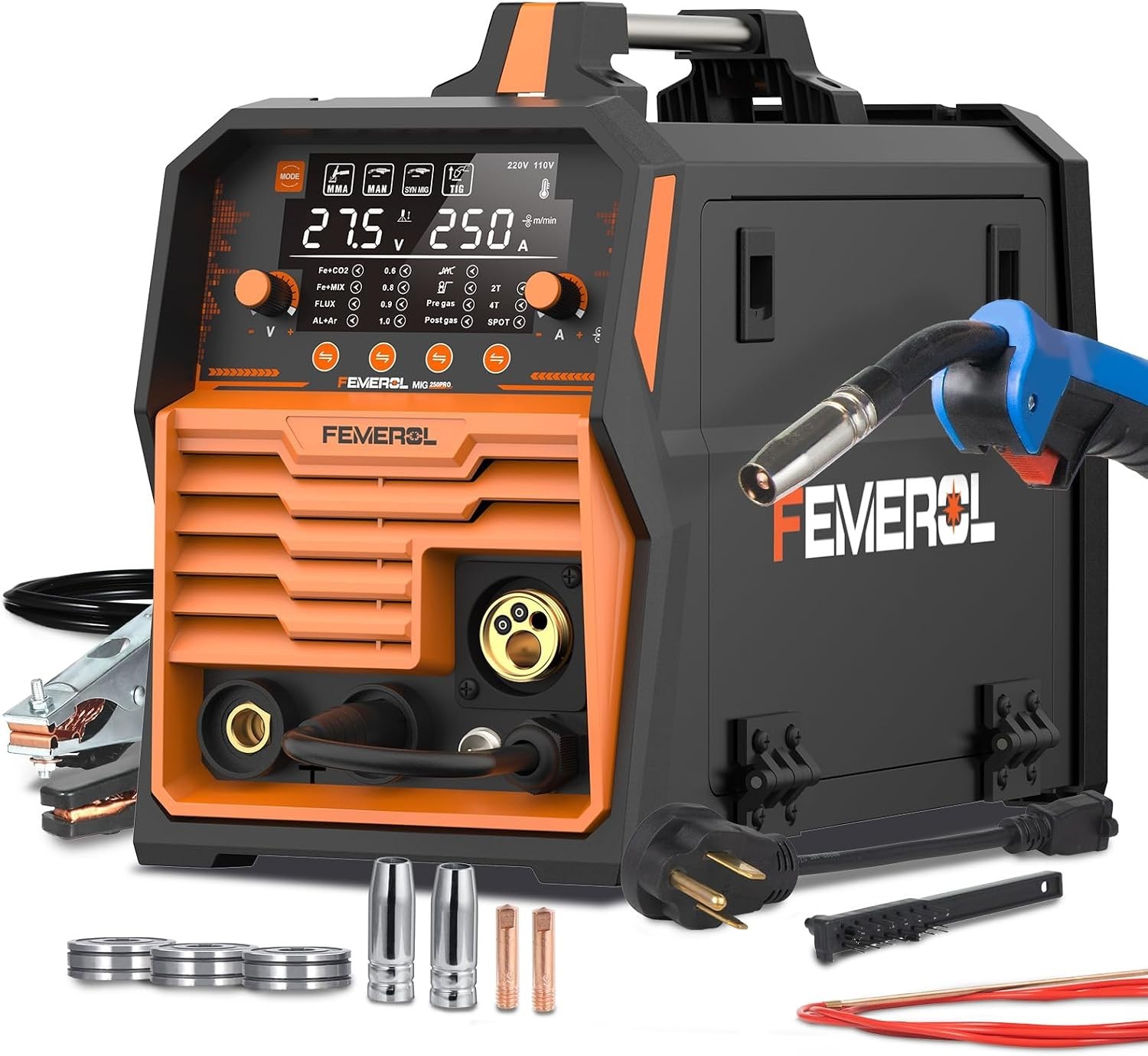 250A MIG Welder,6 in 1 Gas MIG/Gasless Flux Core/Stick/Lift TIG/Spot Welding/Spo