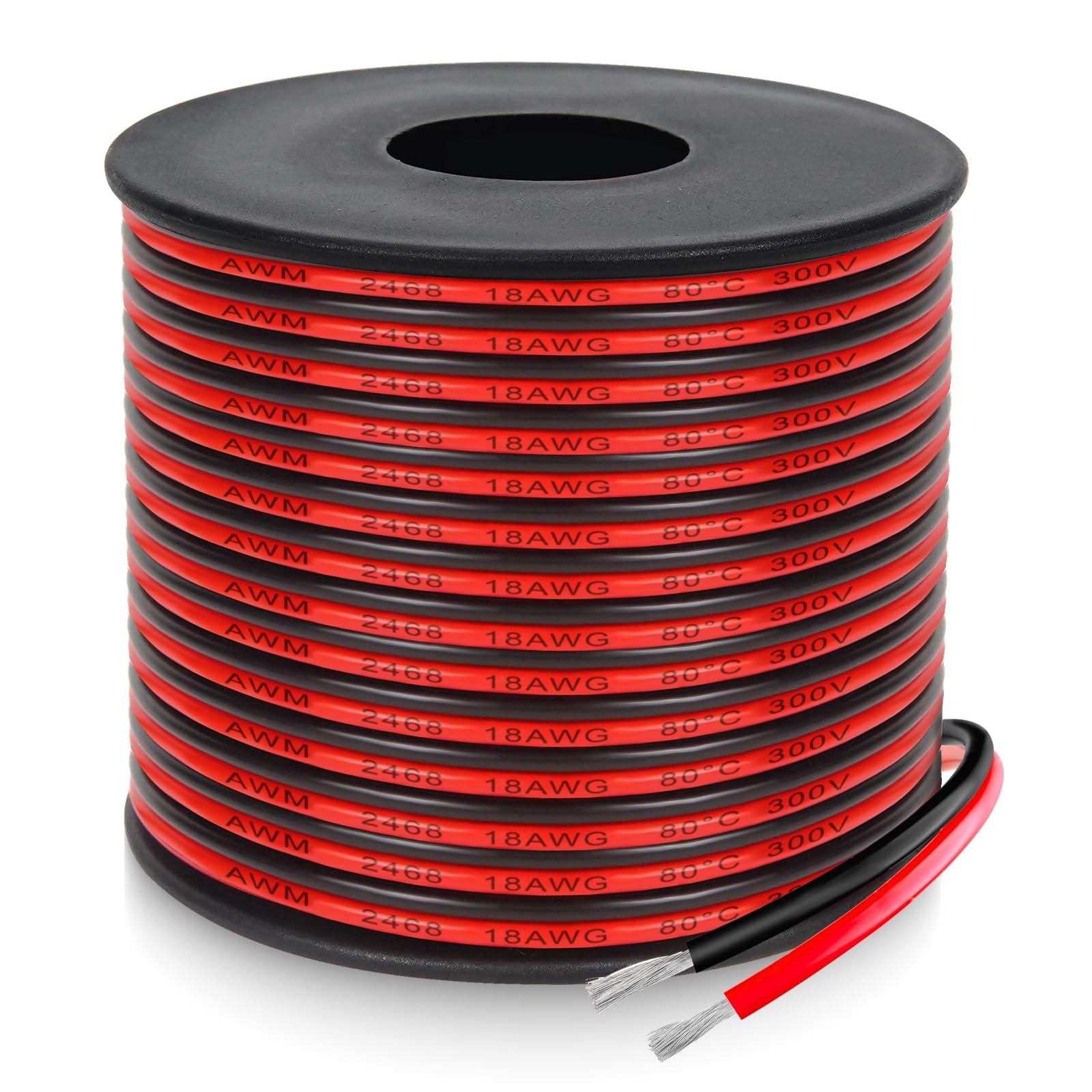 18 Gauge 2 Conductor PVC Tinned Copper Electrical Wires, Red and Black