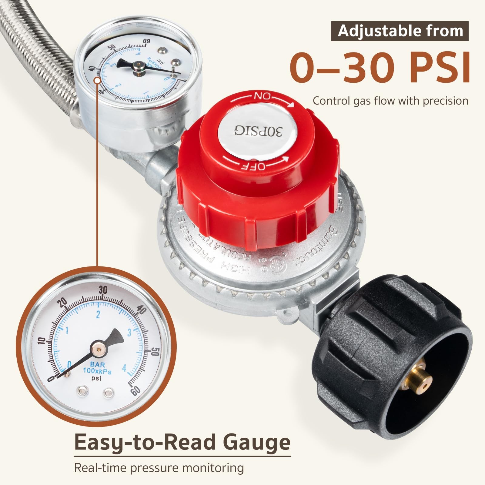 GASPRO 0-30 PSI Adjustable High Pressure Propane Regulator with 5FT, SILVER