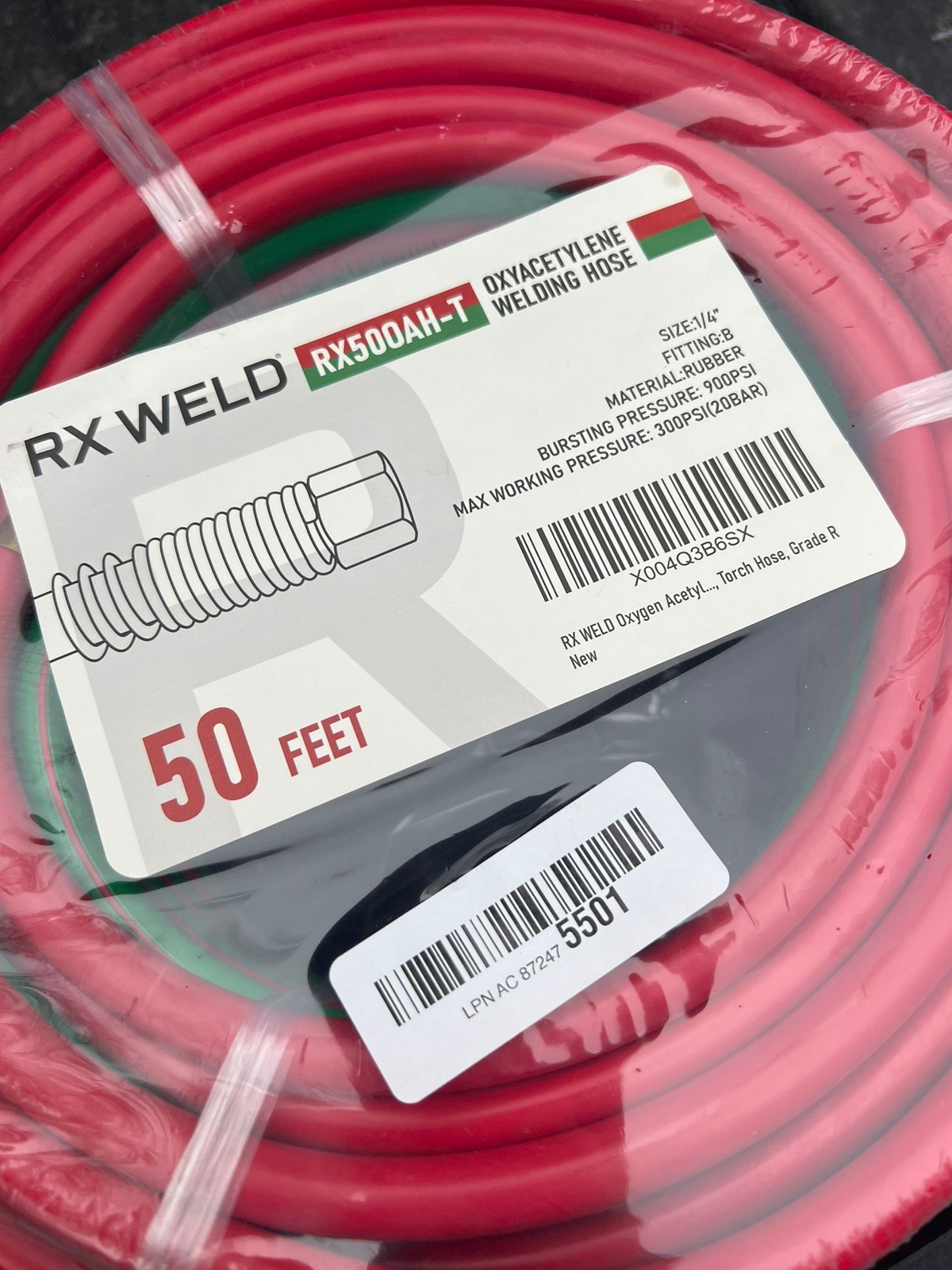 RX WELD 50 FT 1/4″ Oxy Acetylene Welding Hose with 9/16″-18 B Fittings