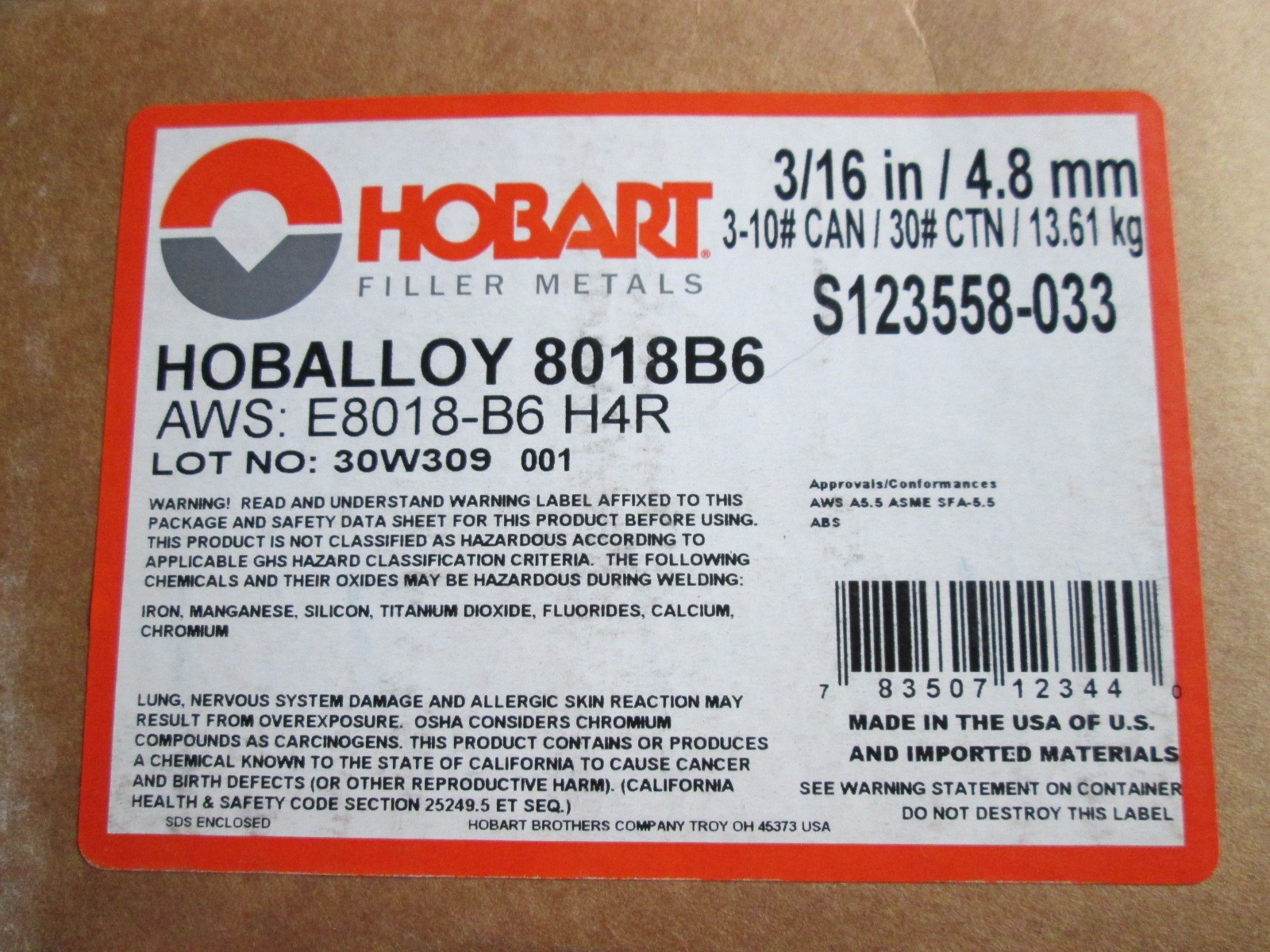 Hobart Hoballoy 8018B6 Welding Rod Electrode 3/16″ 4.8mm 30lb #H20FL