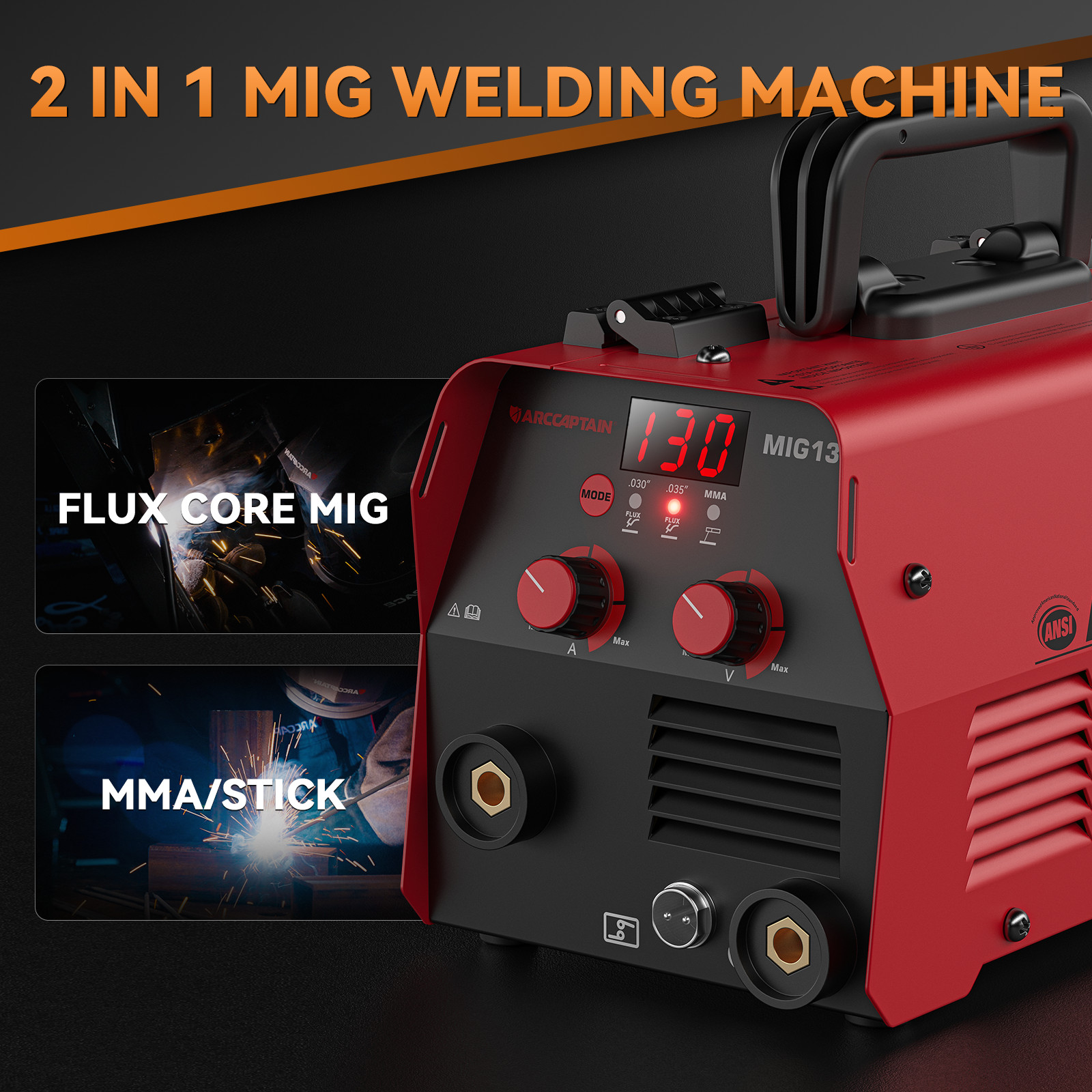 ARCCAPTAIN 2 in 1 MIG Welder 130A Flux Core MIG/MMA Welding Machine Gasless 2026