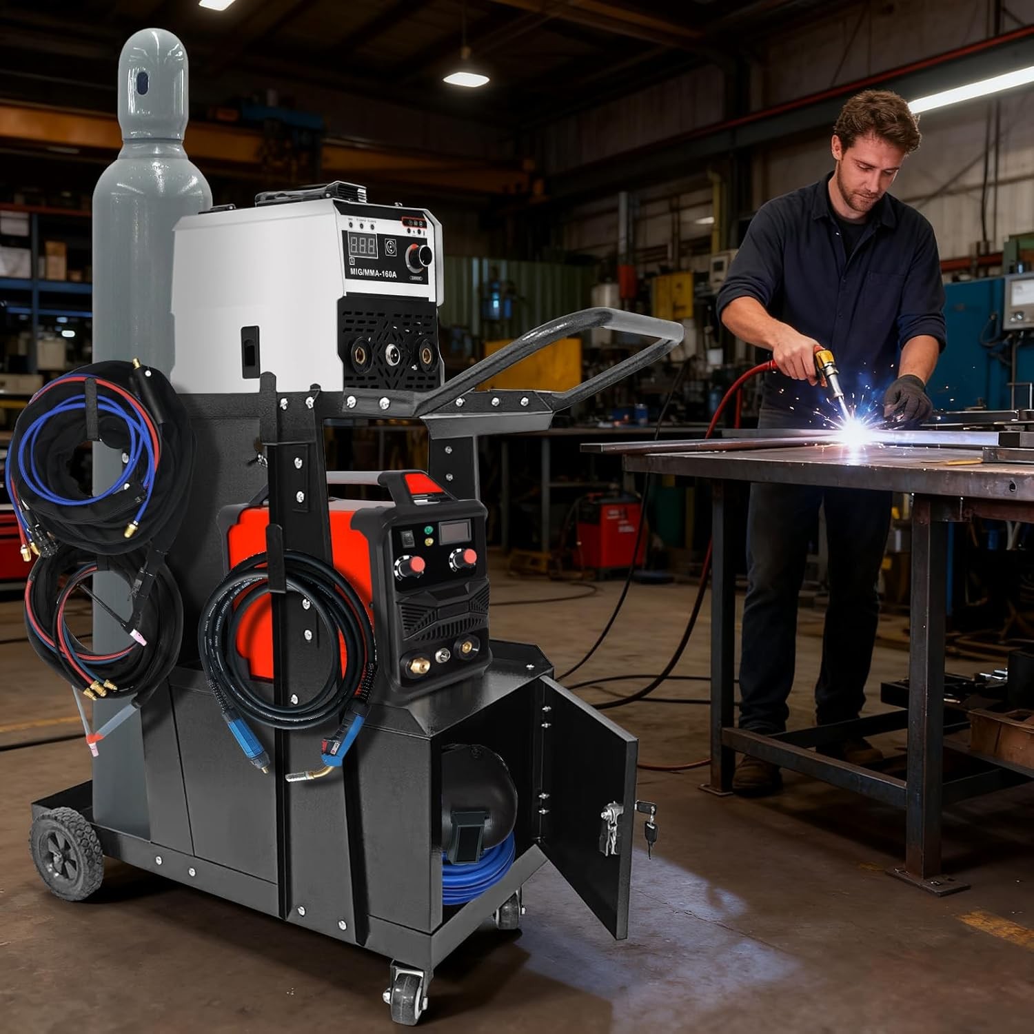 2 Tier Welding Cart with Lockable Cabinet for TIG MIG Welder and Plasma Cutter