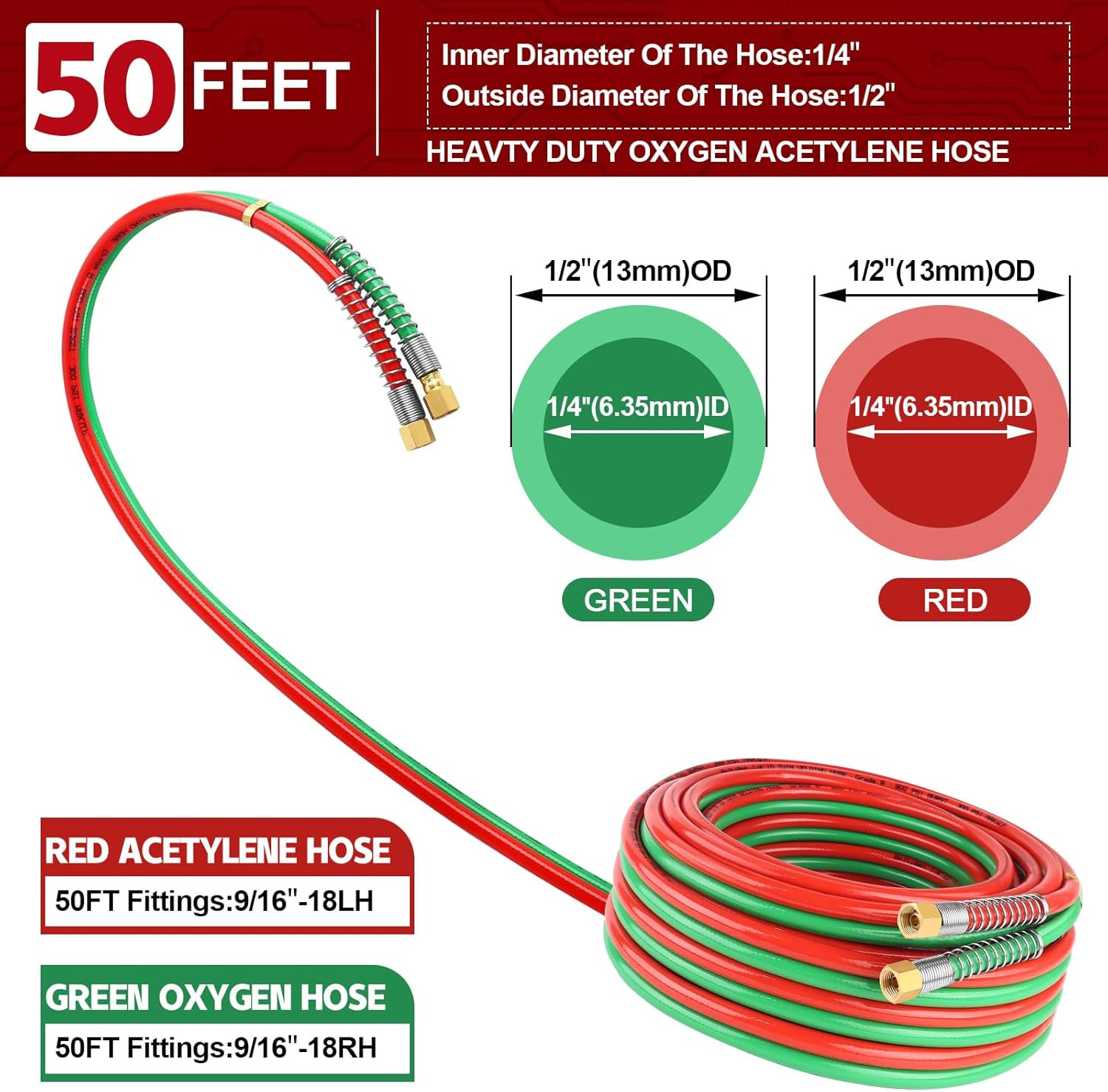 50 Feet Oxygen Acetylene Hose, 1/4Inch Grade R Oxy Acetylene Torch Hose with Bra
