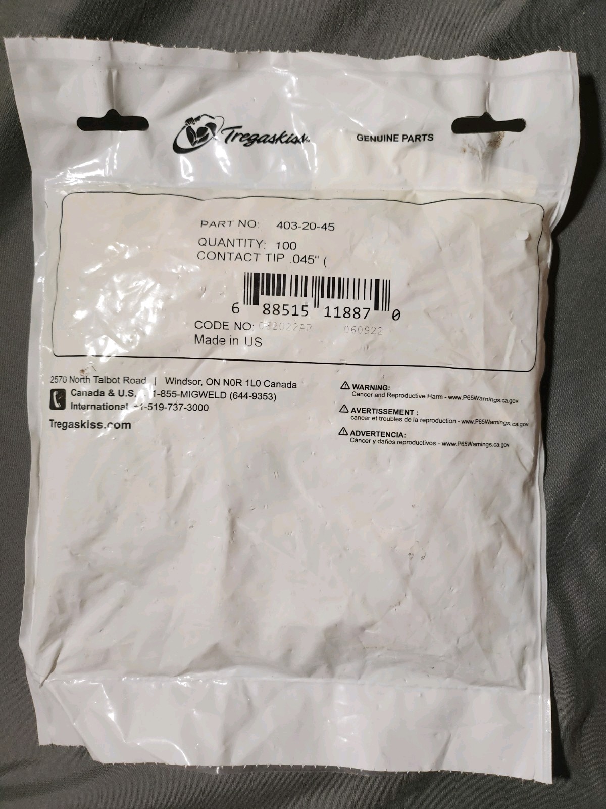 LOT of 100 Tregaskiss 403-20-45 Contact Tip .045″/1.2 mm