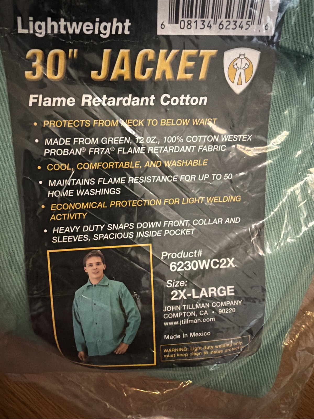 Tillman 6230WC 30″ 12 oz. Green Whipcord FR Cotton Welding Jacket 2X-Large