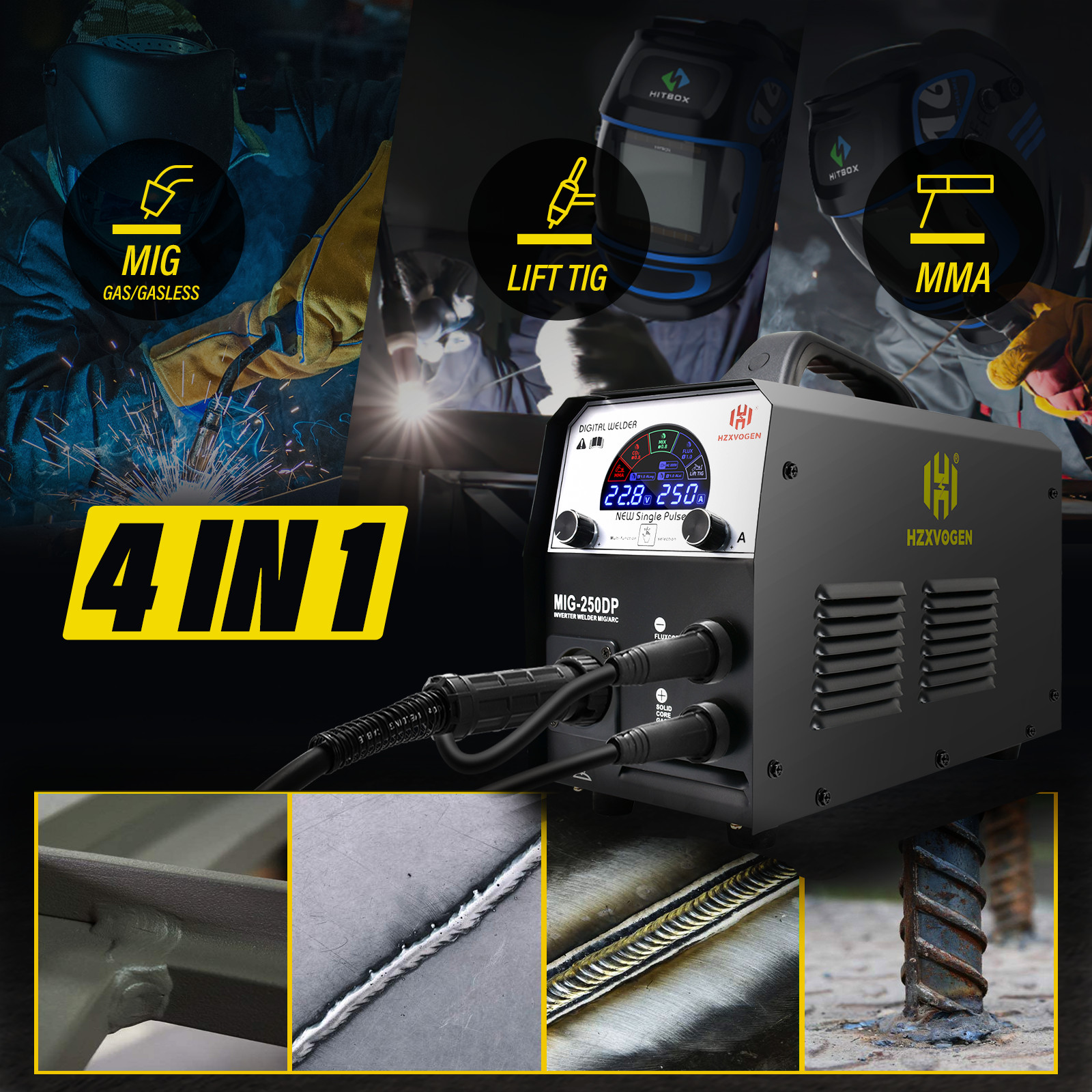 HZXVOGEN MIG Welder 110V/220V MMA TIG Gas Gasless Inverter Welding Machine 4in1