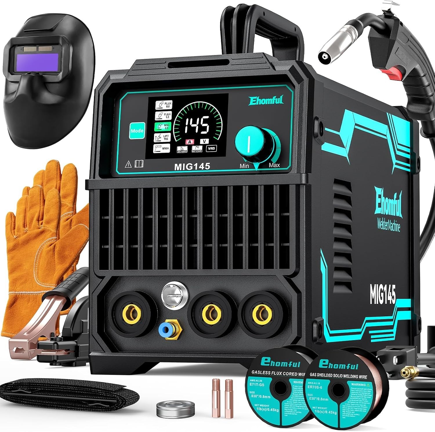 145A 4-in-1 MIG Welder: Dual Voltage, Auto Darkening Helmet & Full Kit Included