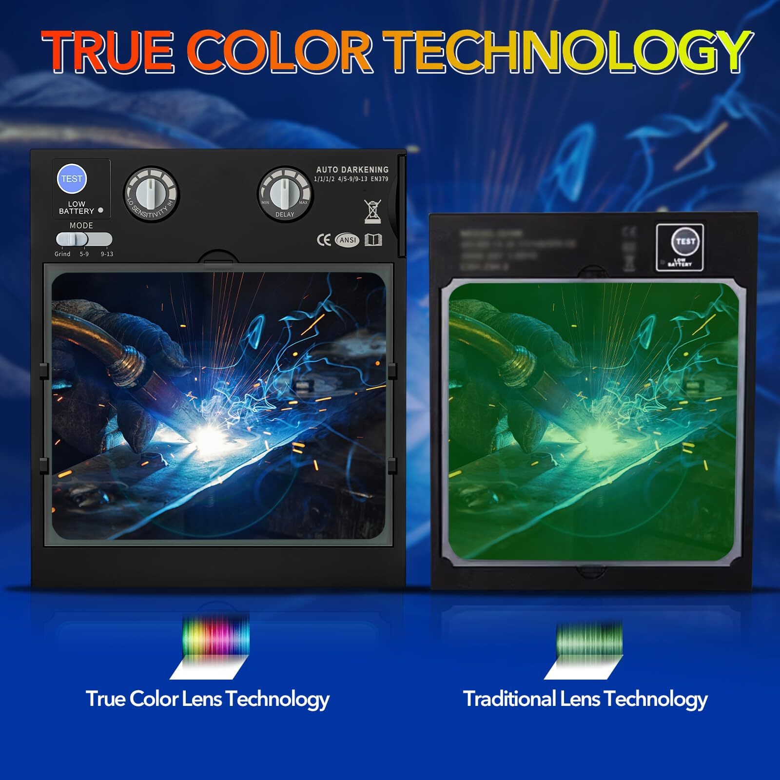 TRQWH Solar Powered Auto Darkening Helmet, 1/1/1/1 True Color Lens, 4 Sensor