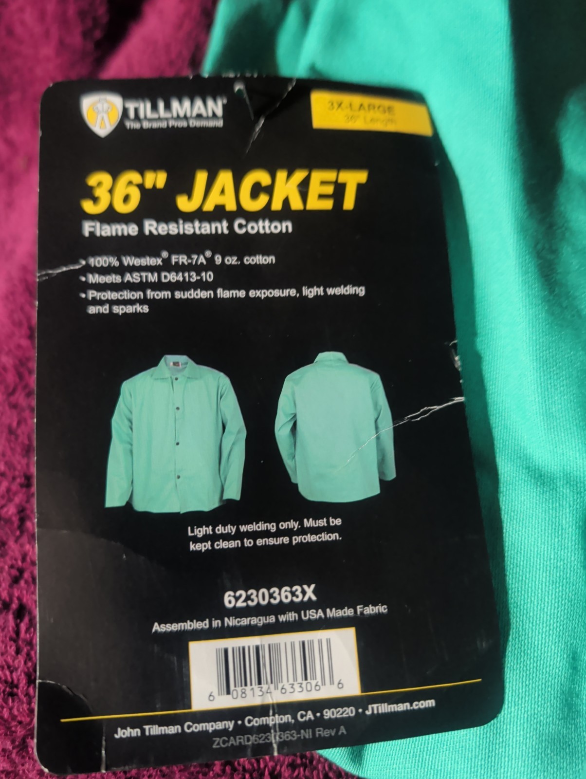 Tillman 36″ Green 9oz Westex Flame Resistant Welding Jacket 623063 Size 3X