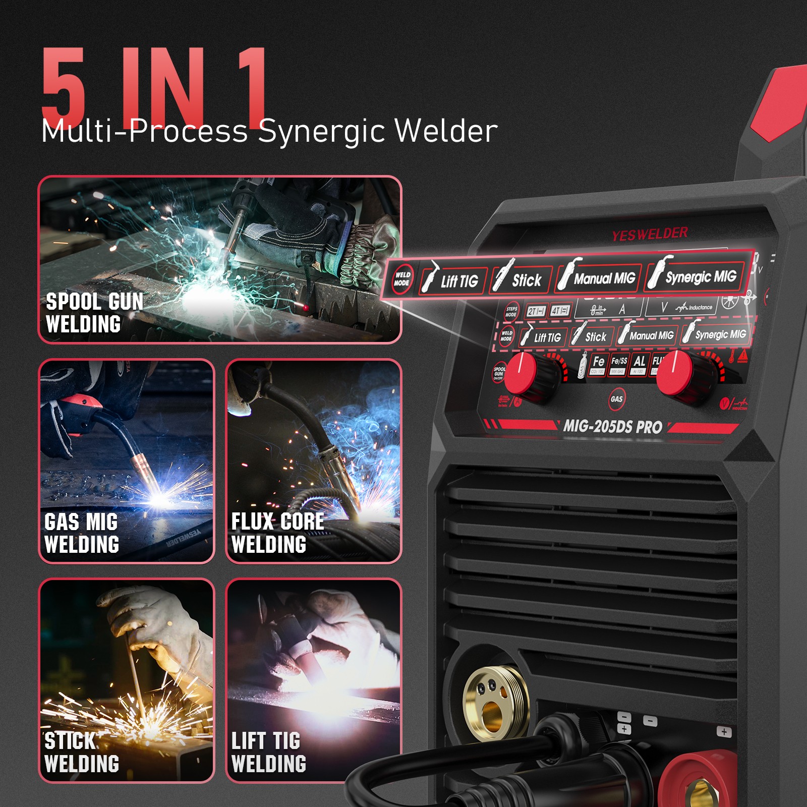 200A 5-in-1 MIG Welding Machine 110/220V Dual Voltage Gas/Flux/Spool/TIG/Stick