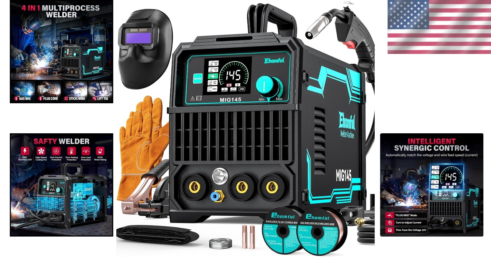 145A 4-in-1 MIG Welder: Dual Voltage, Auto Darkening Helmet & Full Kit Included