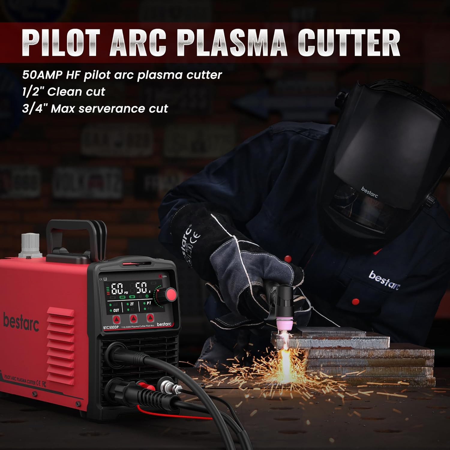 50A Plasma Cutter Machine 110/220V Dual Voltage, 1/2” Clean Cut 3/4 Inch Max C
