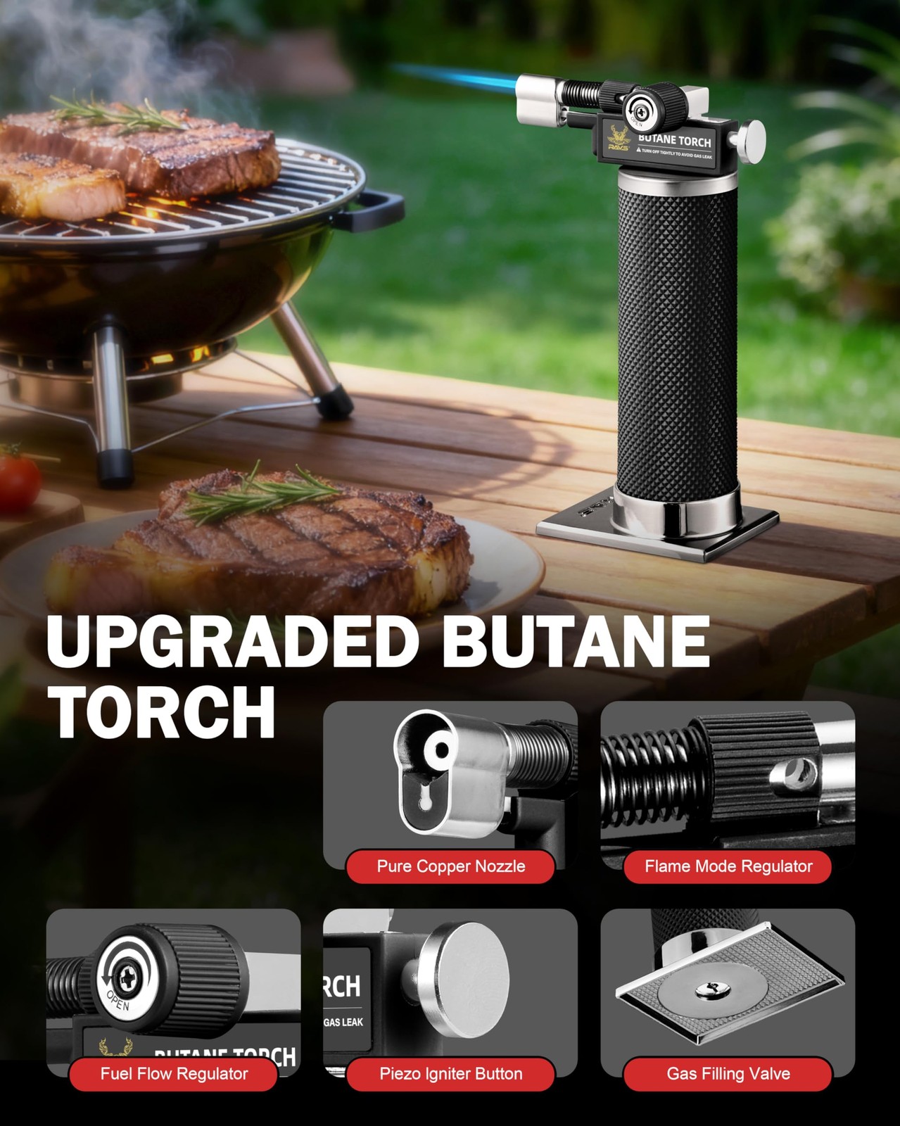 RAVS Butane Torch Lighter, DUAL Flame Mode Kitchen Torch, Micro torch, Black