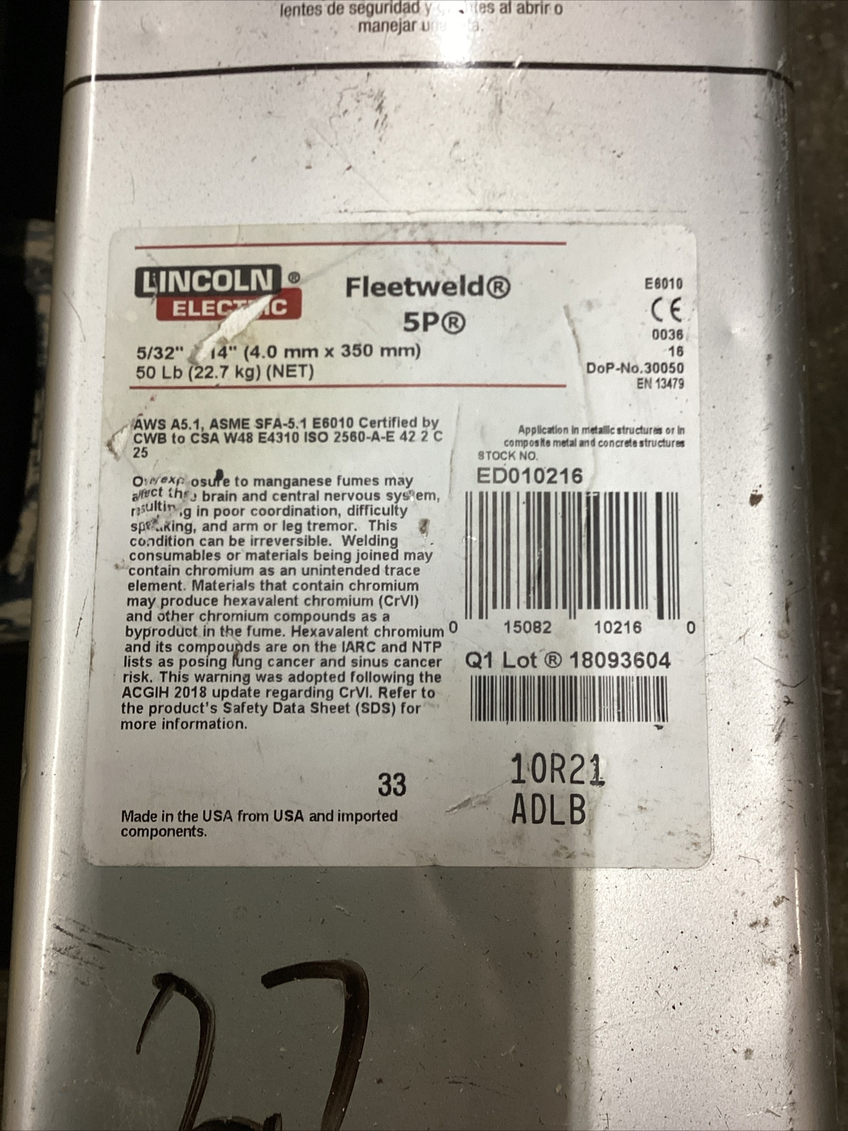 50lb. Can Of Lincoln Electric Fleetweld 5P+ 5/32″ x 14″ Rods ED010285
