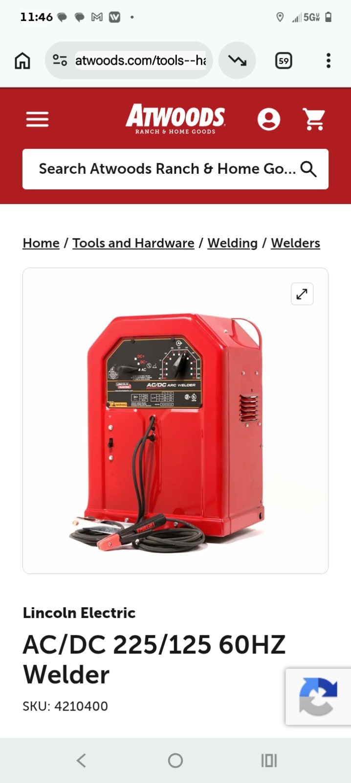 Lincoln Electric AC225 AC Polarity 225 Amp Stick Arc Welder, MPN AC225