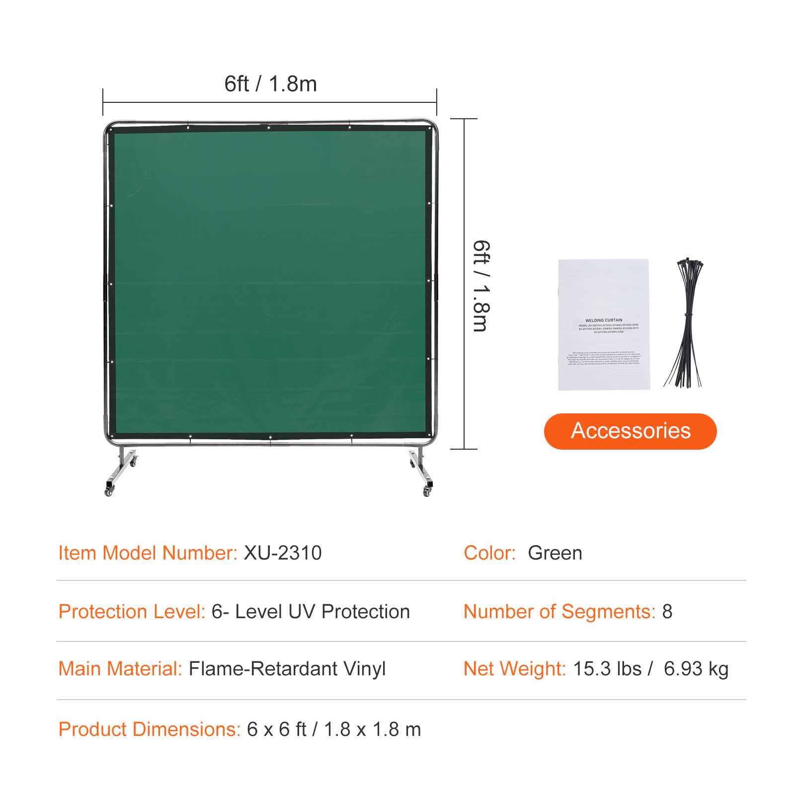 VEVOR Welding Screen with Frame 6′ x 6′ Welding Curtain Screen on 4 Wheels Green