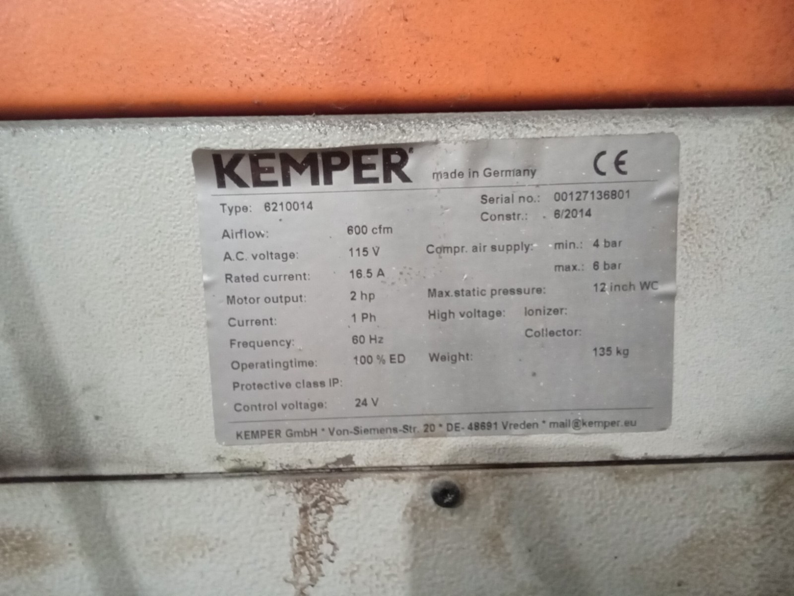 Kemper Filter Master TYPE: 6210014 600CFM 115V 16.5A 2HP 1PH 60HZ