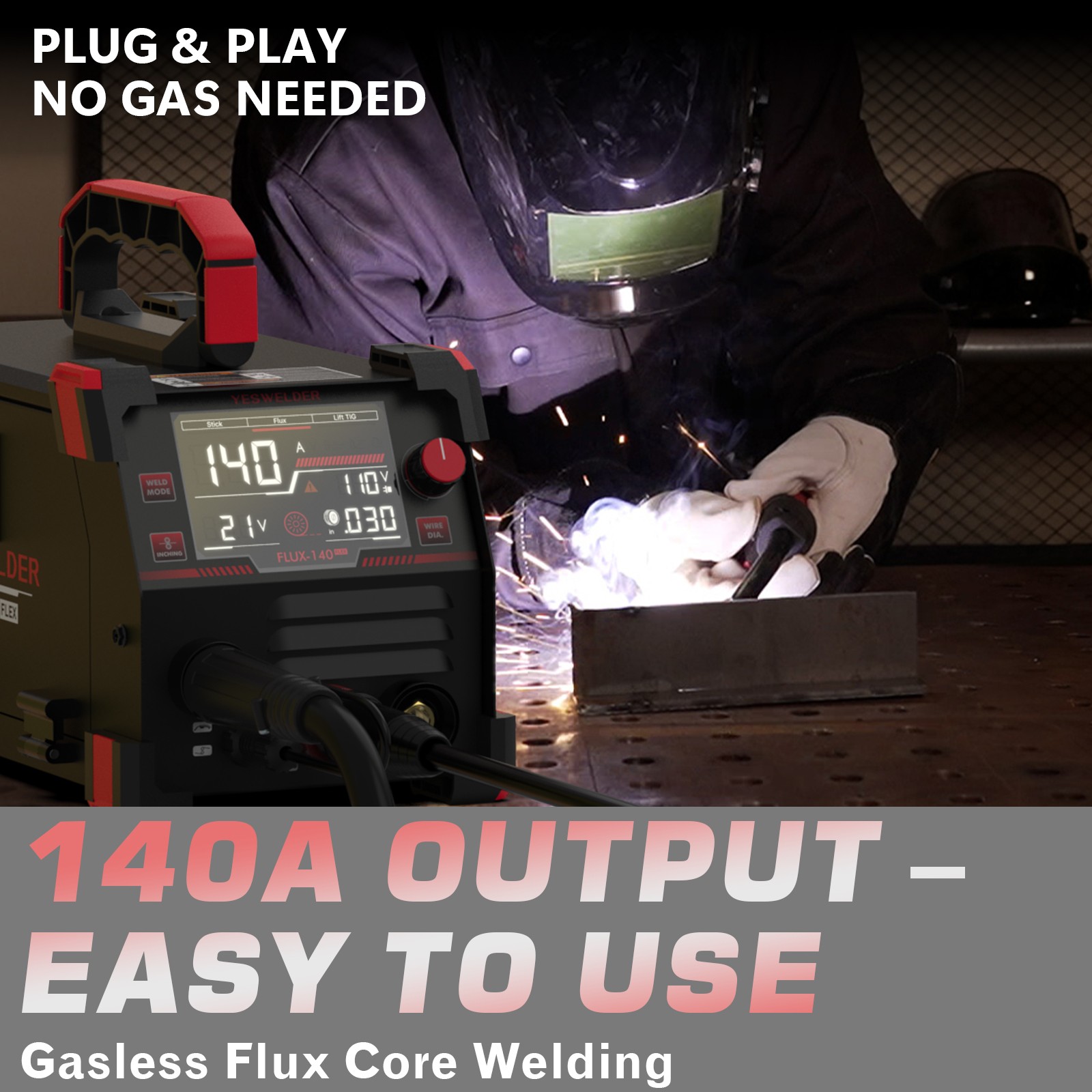 140A MIG Welder 110V, 3-in-1 Flux Core/Lift TIG/Stick, Large LED Display, IGBT