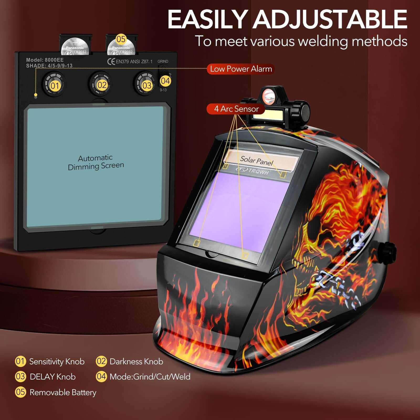TRQWH Auto Darkening Welding Helmet LED Light Solar True Color with 4 Arc Sensor