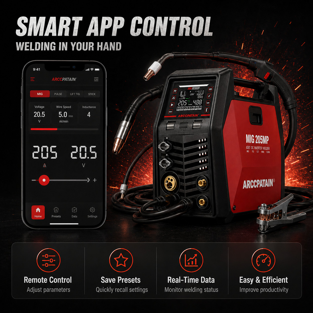 ARCCAPTAIN MIG205MP MIG Welder 9 IN 1 iControl APP Control with Foot Pedal