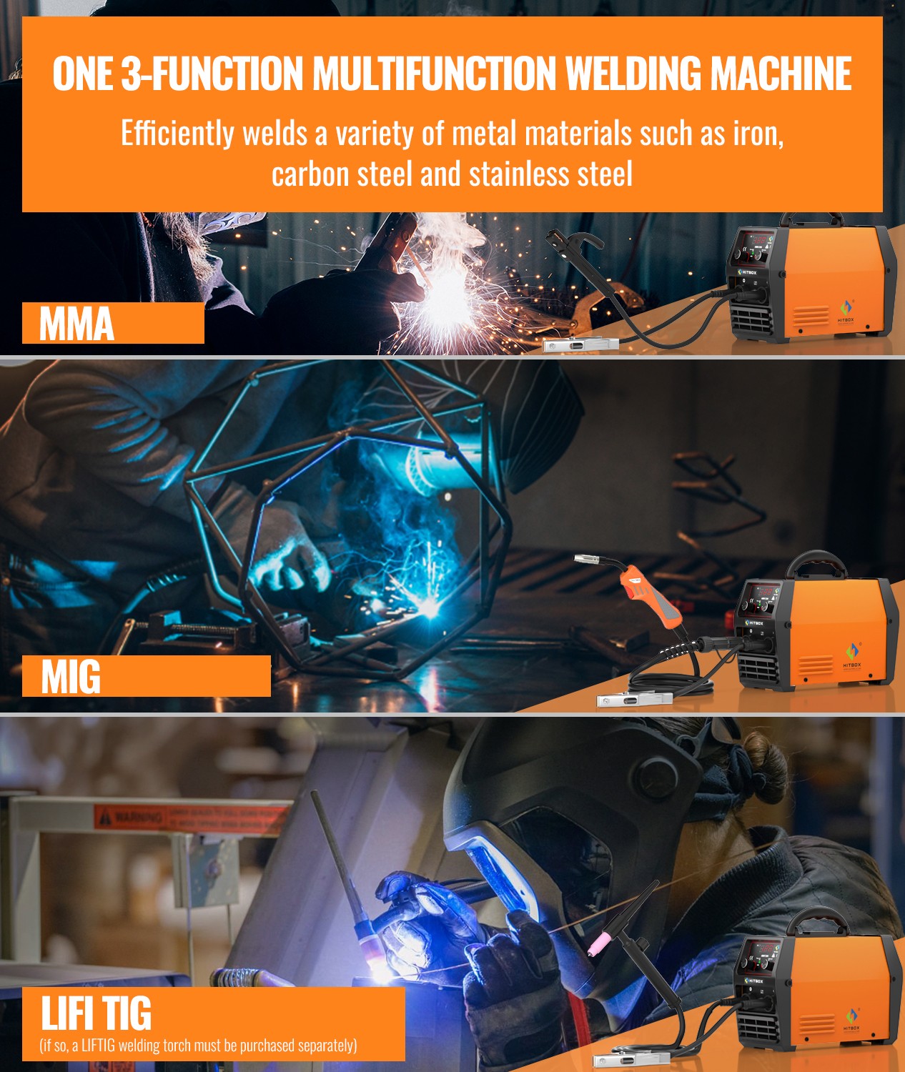 HITBOX 140A Multi-Function Welder Gasless MIG ARC Lift TIG 3in1 Welding Machine