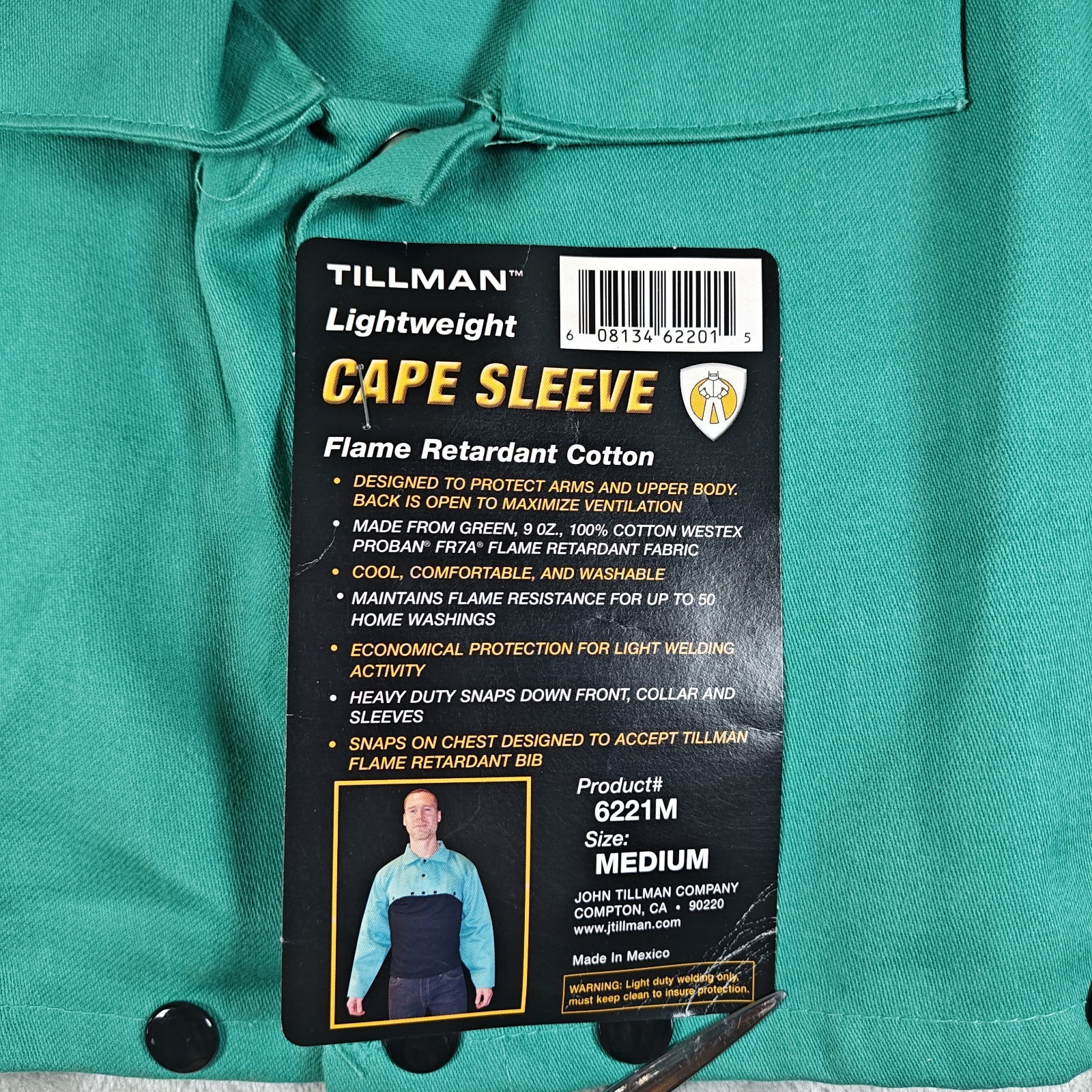 Tillman 6221M Welding Cape Sleeve Medium Green FR Cotton Flame Retardant New