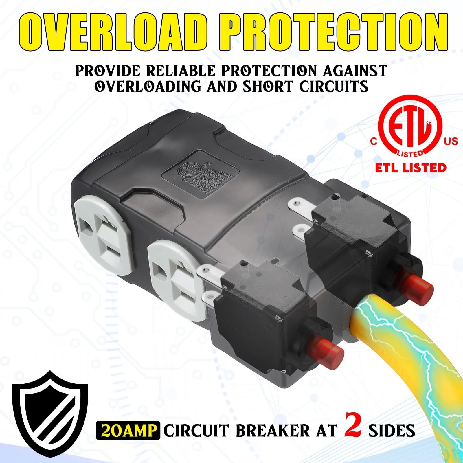 1.5FT NEMA 6-50P to 4×5-20R EV Welder Adapter, 20A Circuit Breaker, ETL Listed