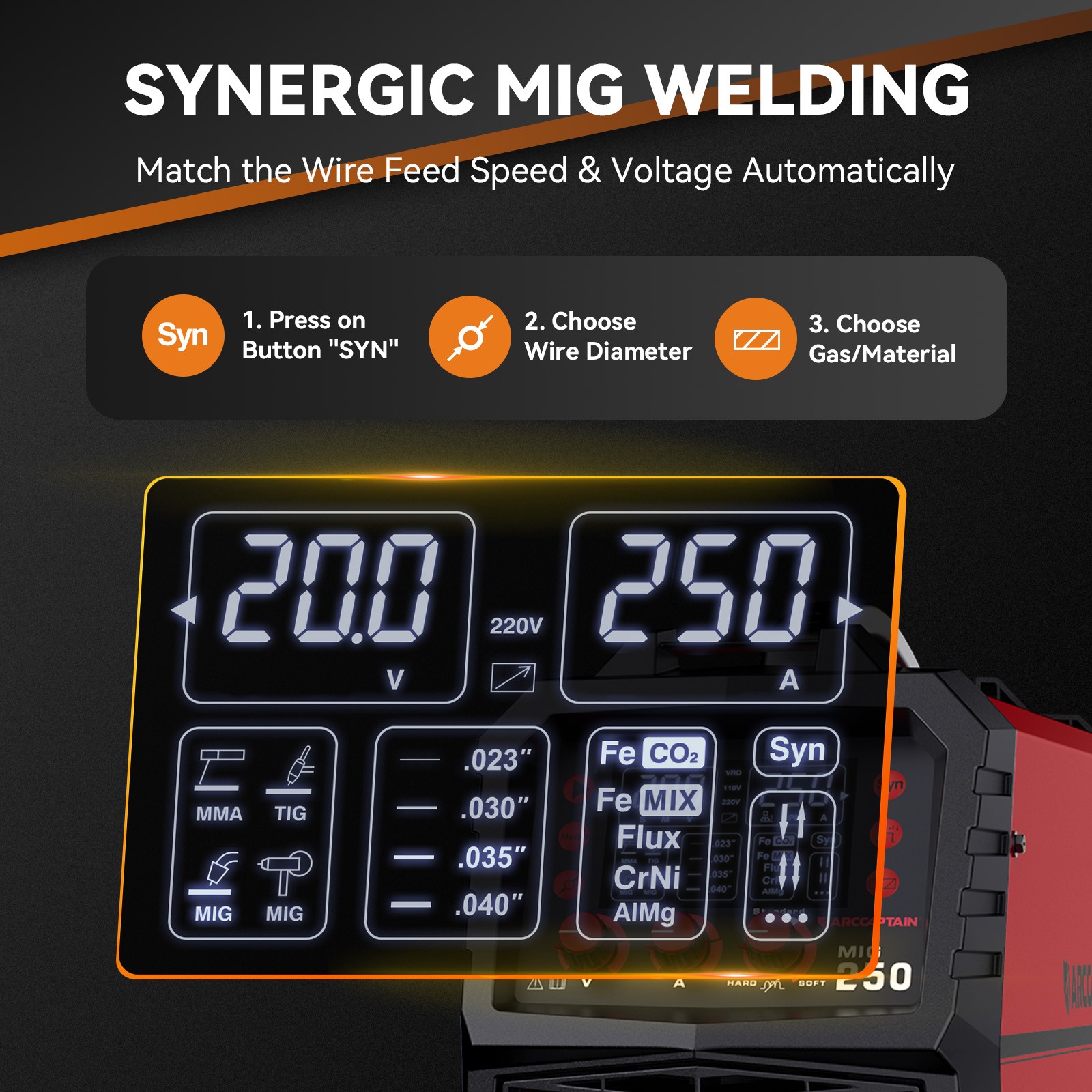 ARCCAPTAIN 250A MIG Welder Gas MIG/Gasless MIG/Stick/Lift TIG 6 in 1 110V 220V