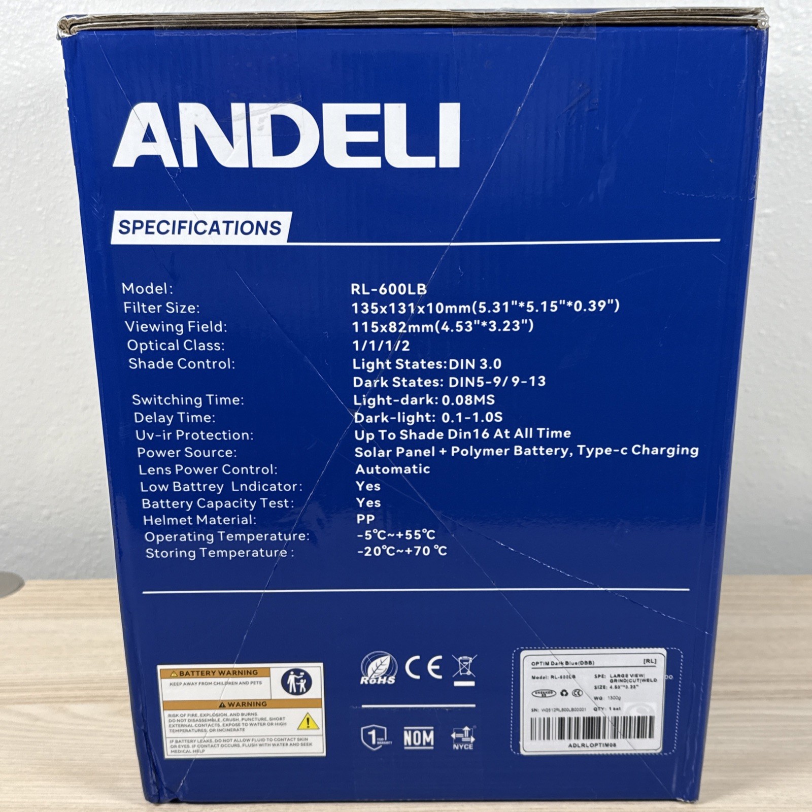 ANDELI RL-600LB Auto-Darkening Welding Helmet DIN5-9/9-13 4 Sensors Solar