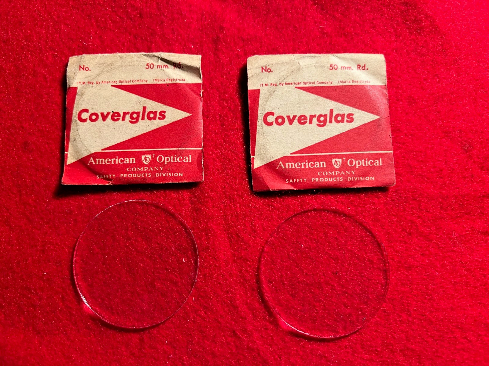 American Optical Coverglas 50mm Round Safety Lens Lot Of 2 Made In USA