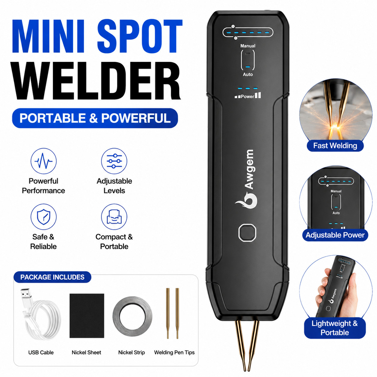 Awgem Handheld Portable Spot Welder 11 Gears Auto/Manual for 18650 Battery DIY