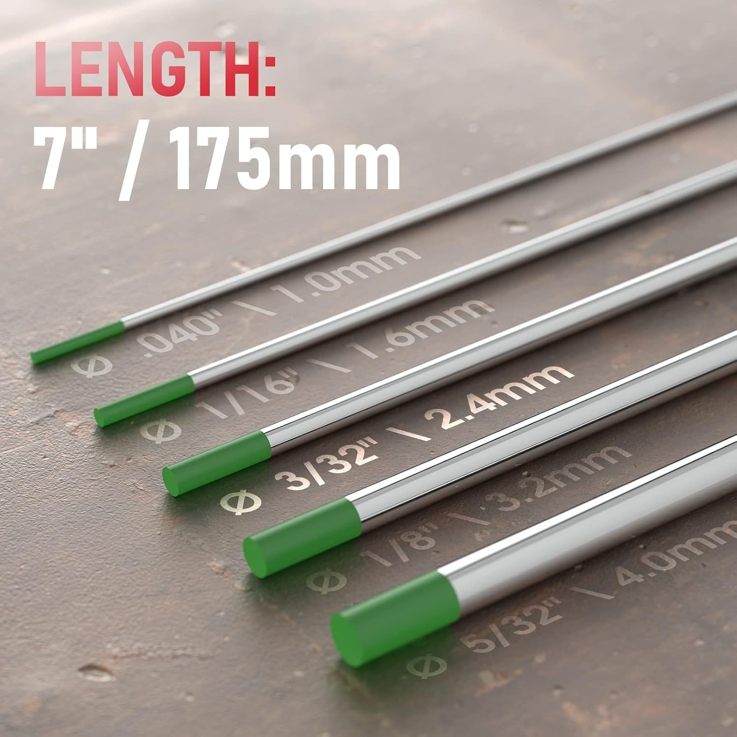TIG Welding Tungsten Electrode Pure Tungsten 3/32″ x 7″ Green, EWP 10-pk