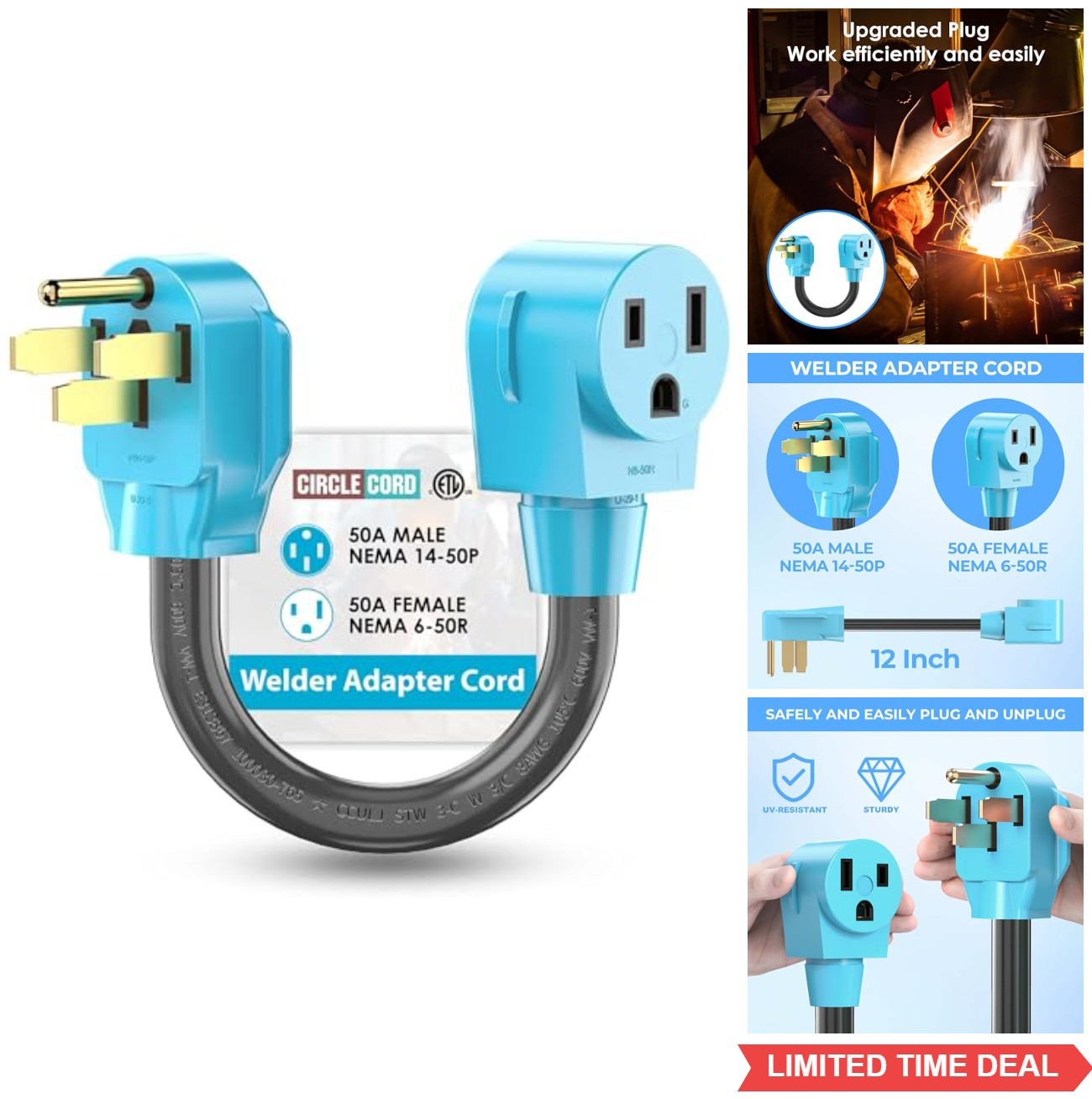 Welder Adapter Cord NEMA 14-50P to 6-50R 50 Amp 250V 8 AWG Heavy Duty 12 Inch