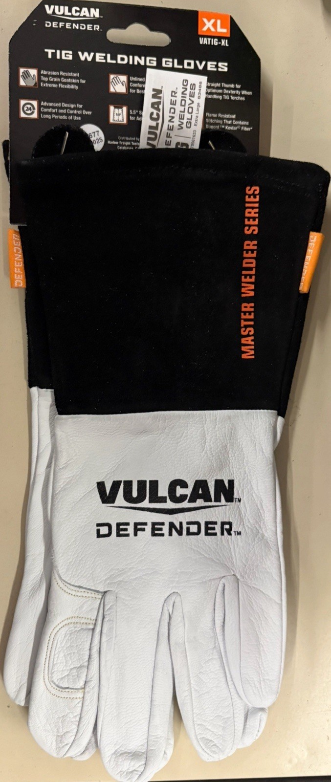 Vulcan Defender TIG Welding Gloves XL Goatskin Leather White/Black Gauntlet
