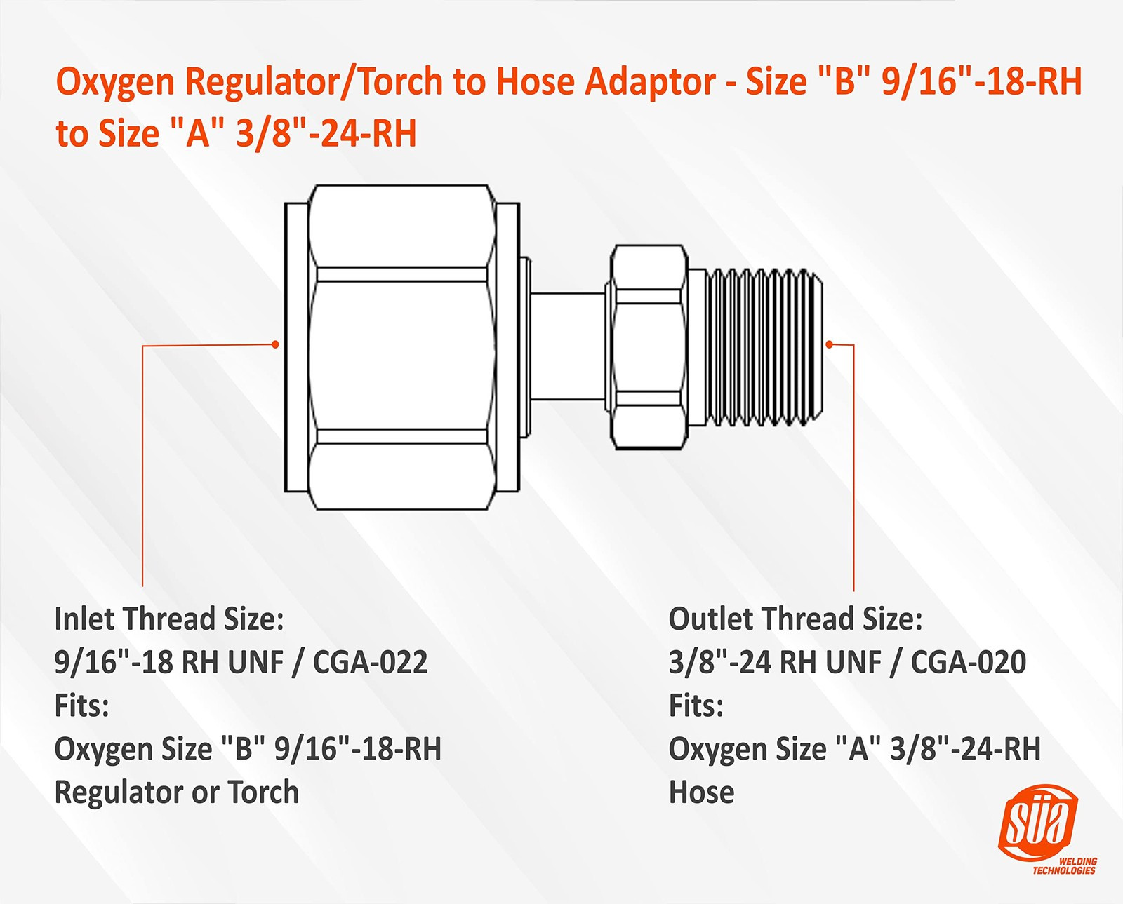 Oxygen Regulator Torch to Hose Adaptor 9/16″18RH to 3/8″24RH Size B A
