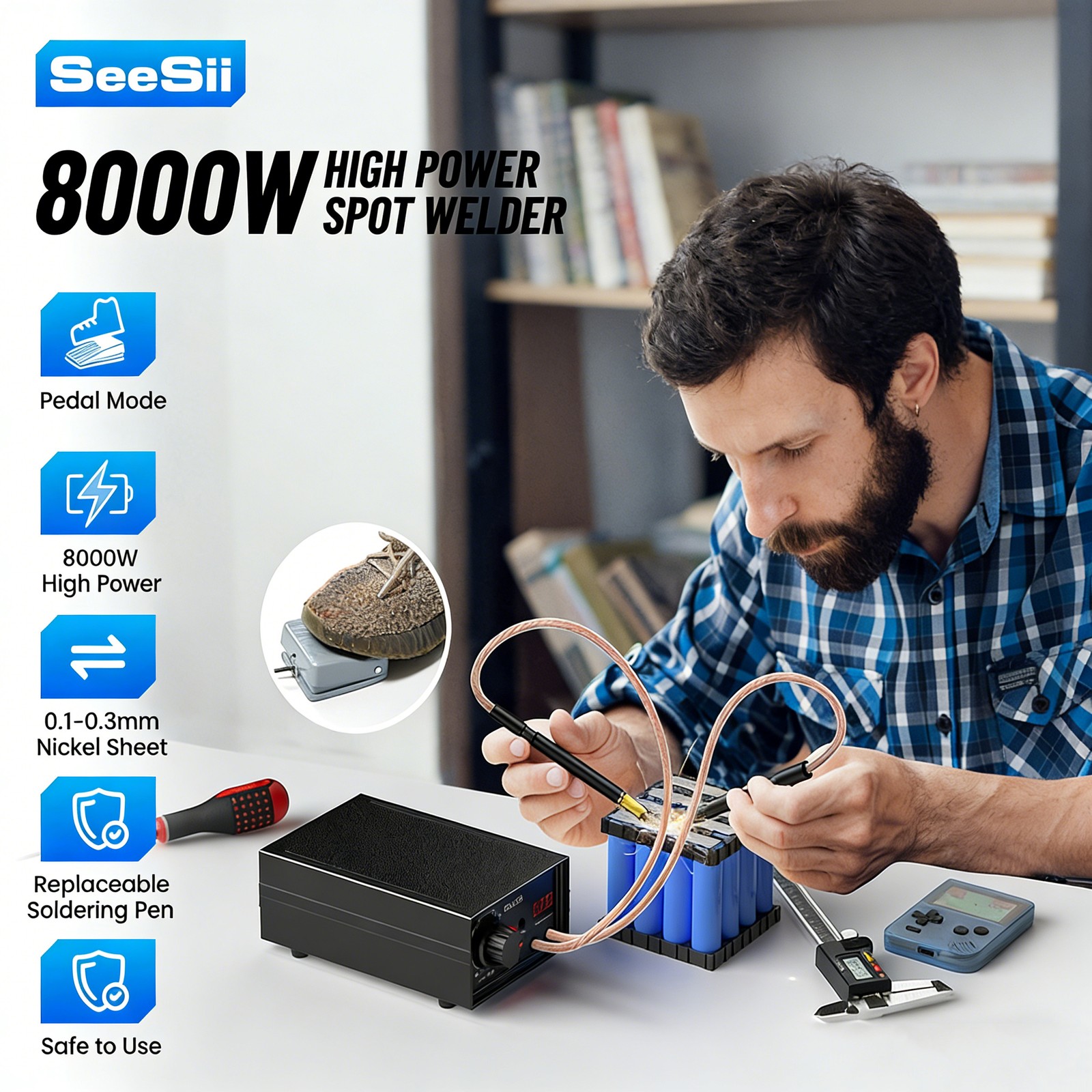 Seesii 8000W Spot Welder Dual Pulse 10‑90 Gears Foot Pedal Operated 0.1‑0.3mm