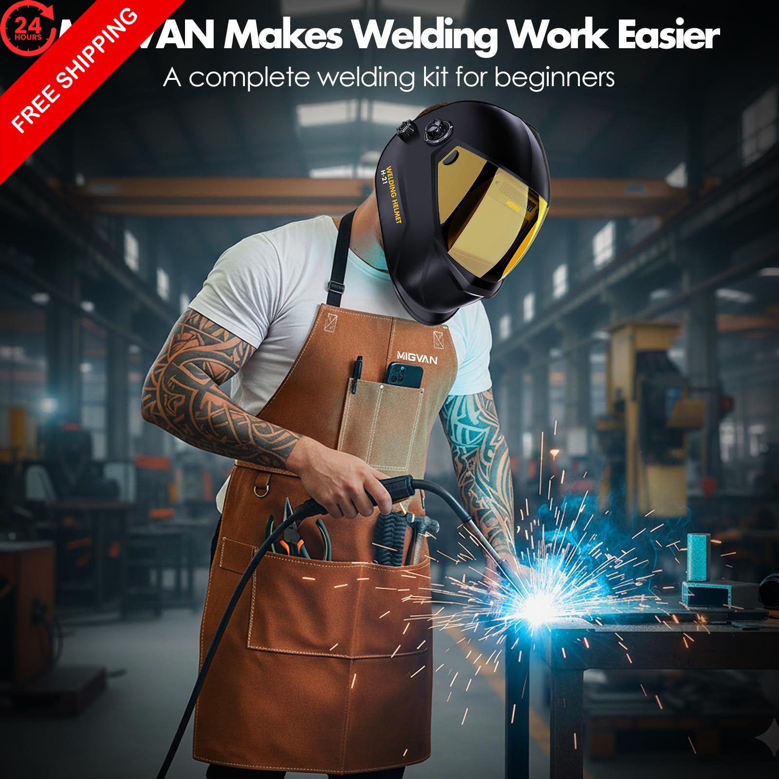 MIGVAN Leather Welding Work Apron 24″ X 36″ with 9 Tool X 36″, Brown
