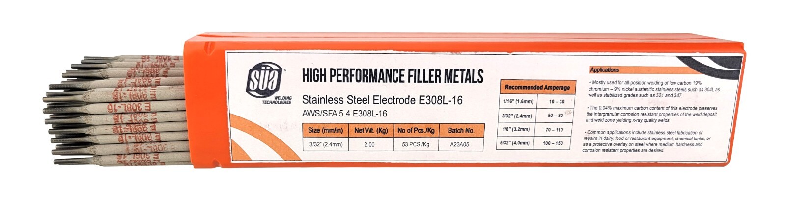 SÜA® – E308L-16 – Stainless Steel Welding Electrode – 12″ x 3/32″ (4.4 LB)