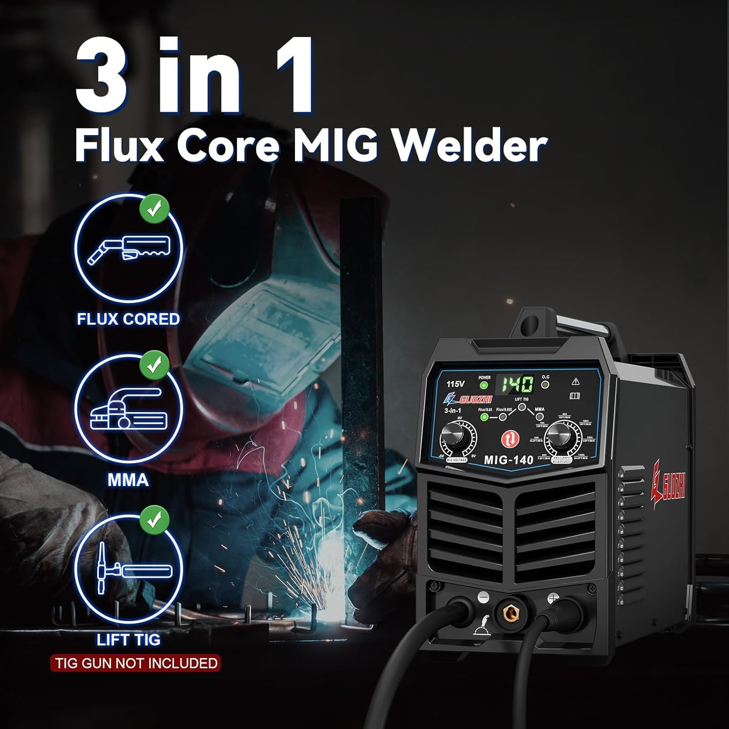 GZ GUOZHI 140A MIG Welder, 3 in 1 Welder FLUX MIG/ARC/Lift TIG Multi-Process