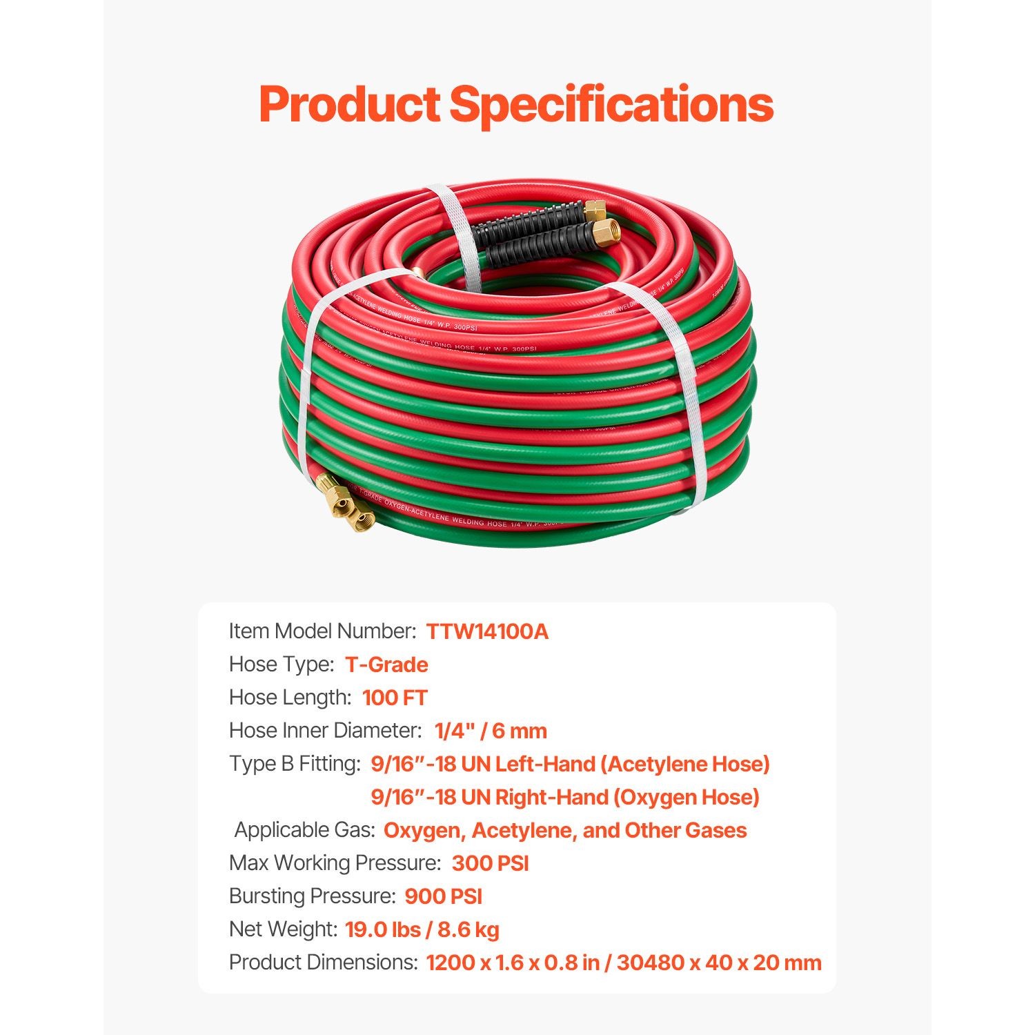 100ft 1/4in Welding Twin Hose Color-Coded T-Grade