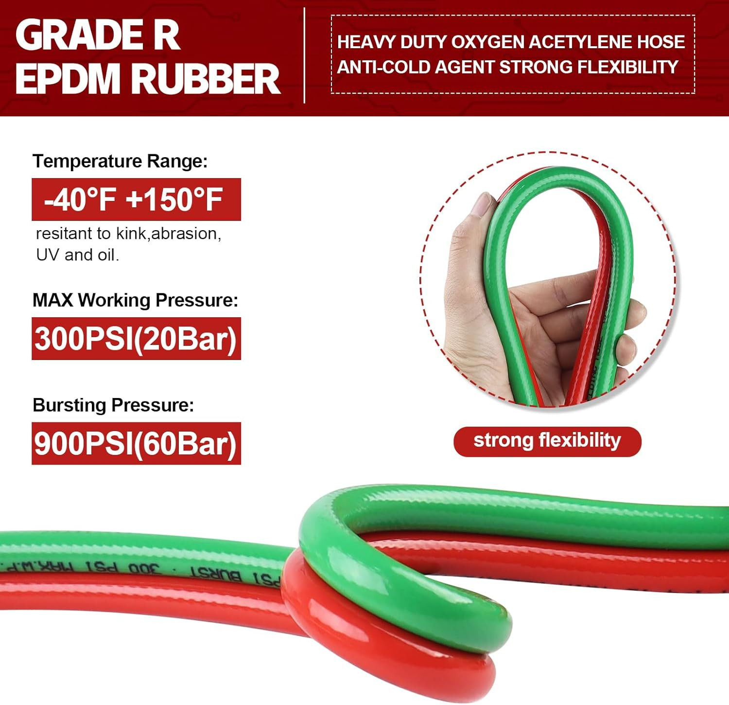 50 Feet Oxygen Acetylene Hose, 1/4Inch Grade R Oxy Acetylene Torch Hose with Bra