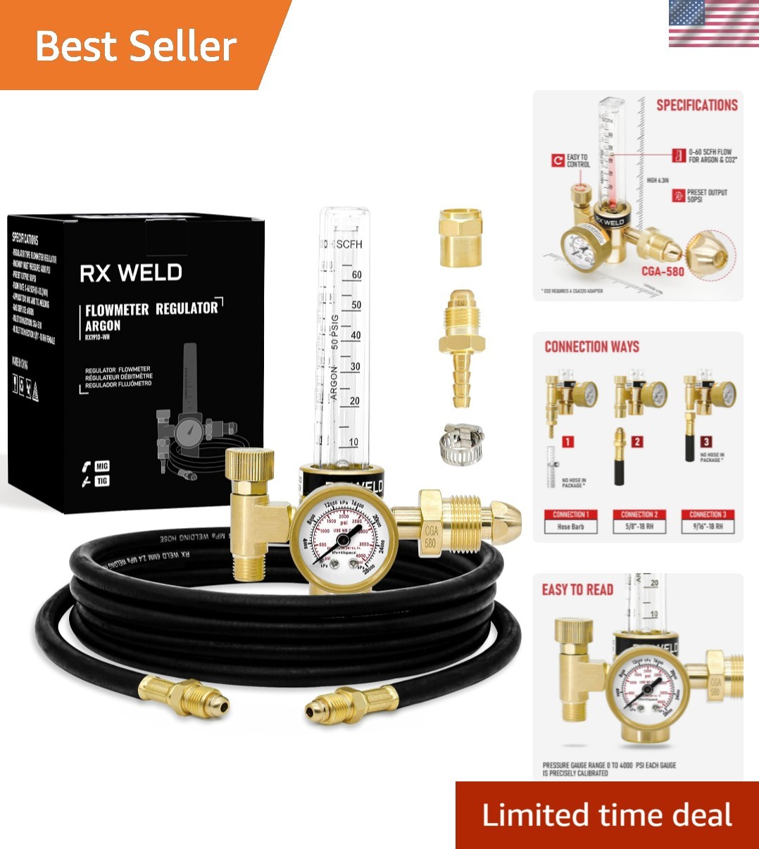 Argon Regulator for MIG & TIG Welding – 6.6FT Hose & Dual Outlets