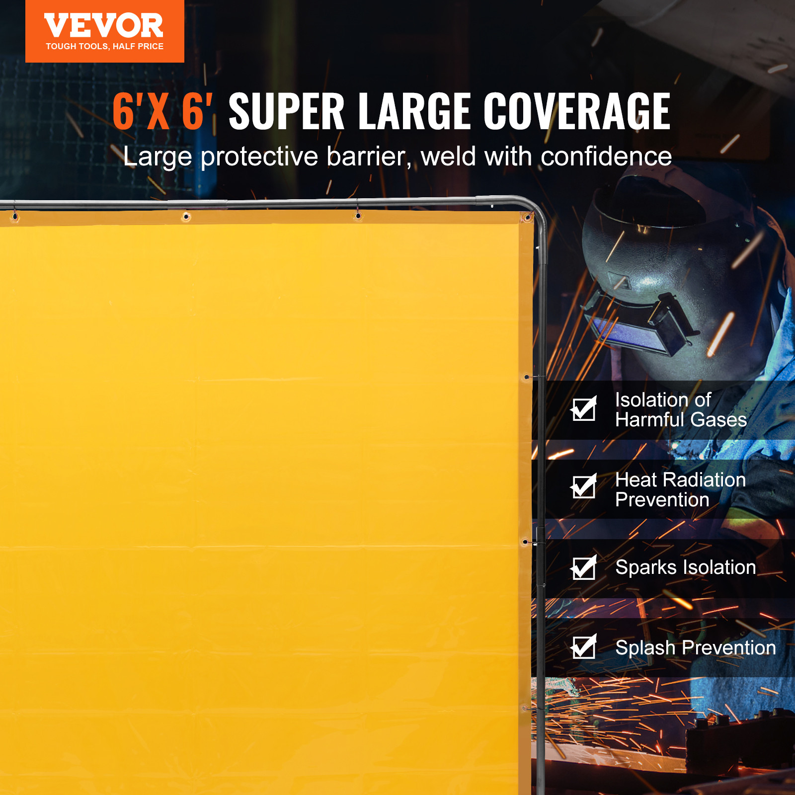 VEVOR Welding Screen with Frame 6’x6′ Welding Curtain Screen on 4 Wheels Yellow