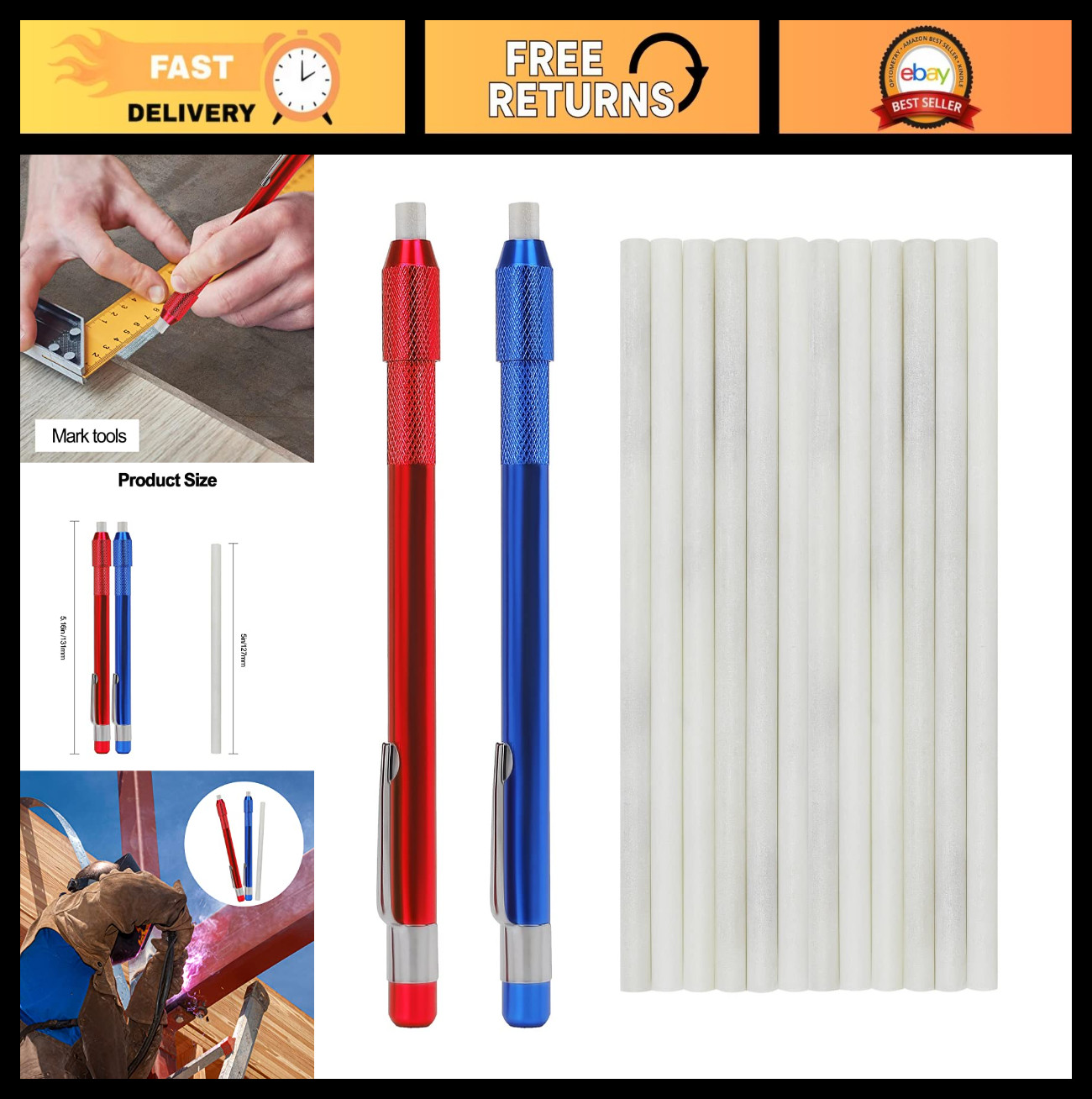 Soapstone Holder Set – 2 Round Pencils & 12 Refills for Welding, Metalwork, Fabr