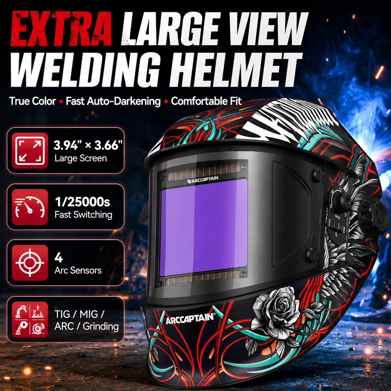 ARCCAPTAIN Auto-Darkening Welding Helmet 3.94″x3.66″, 1/1/1/1, Top Optical Clar