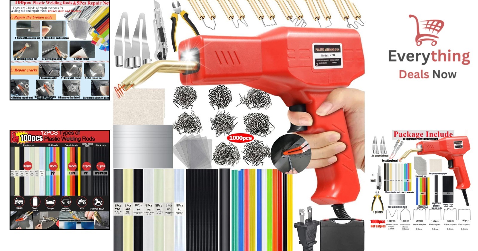 220W Plastic Welder Kit Hot Stapler Bumper Repair Gun 1000 Staples 100 Rods 2in1