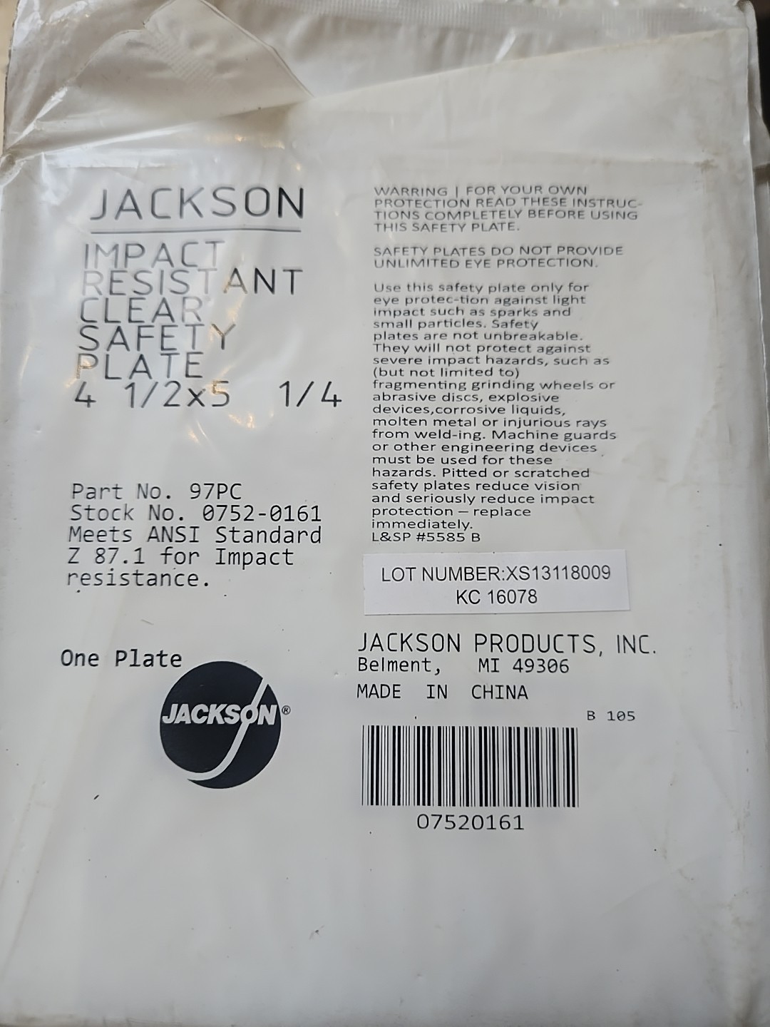 Jackson Safety Clear Safety Plate 4 1/2 X 5 1/4 Pack Of 4