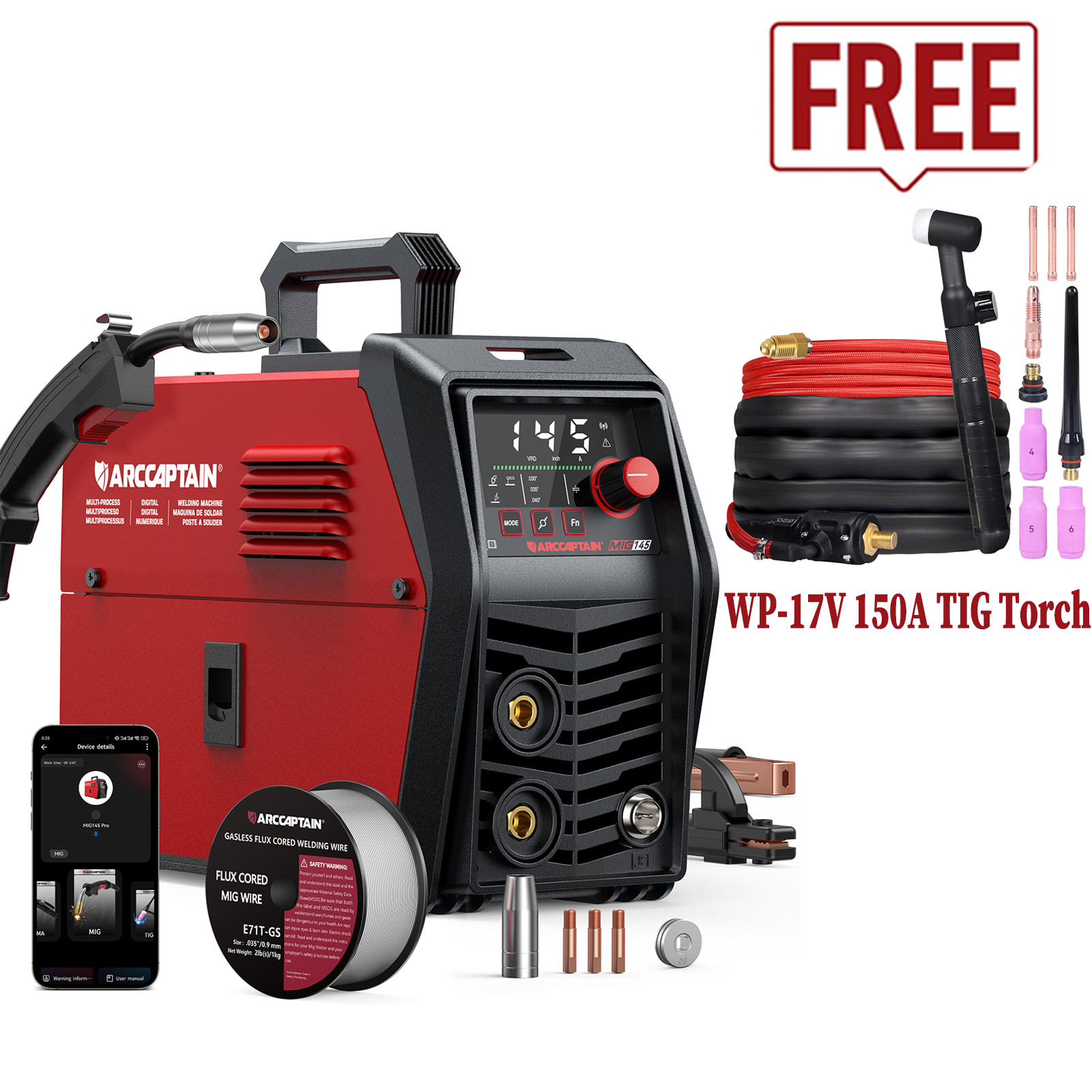 ARCCAPTAIN iControl MIG145 Pro Flux Core MIG Welder Stick/Lift TIG & TIG Torch🔥