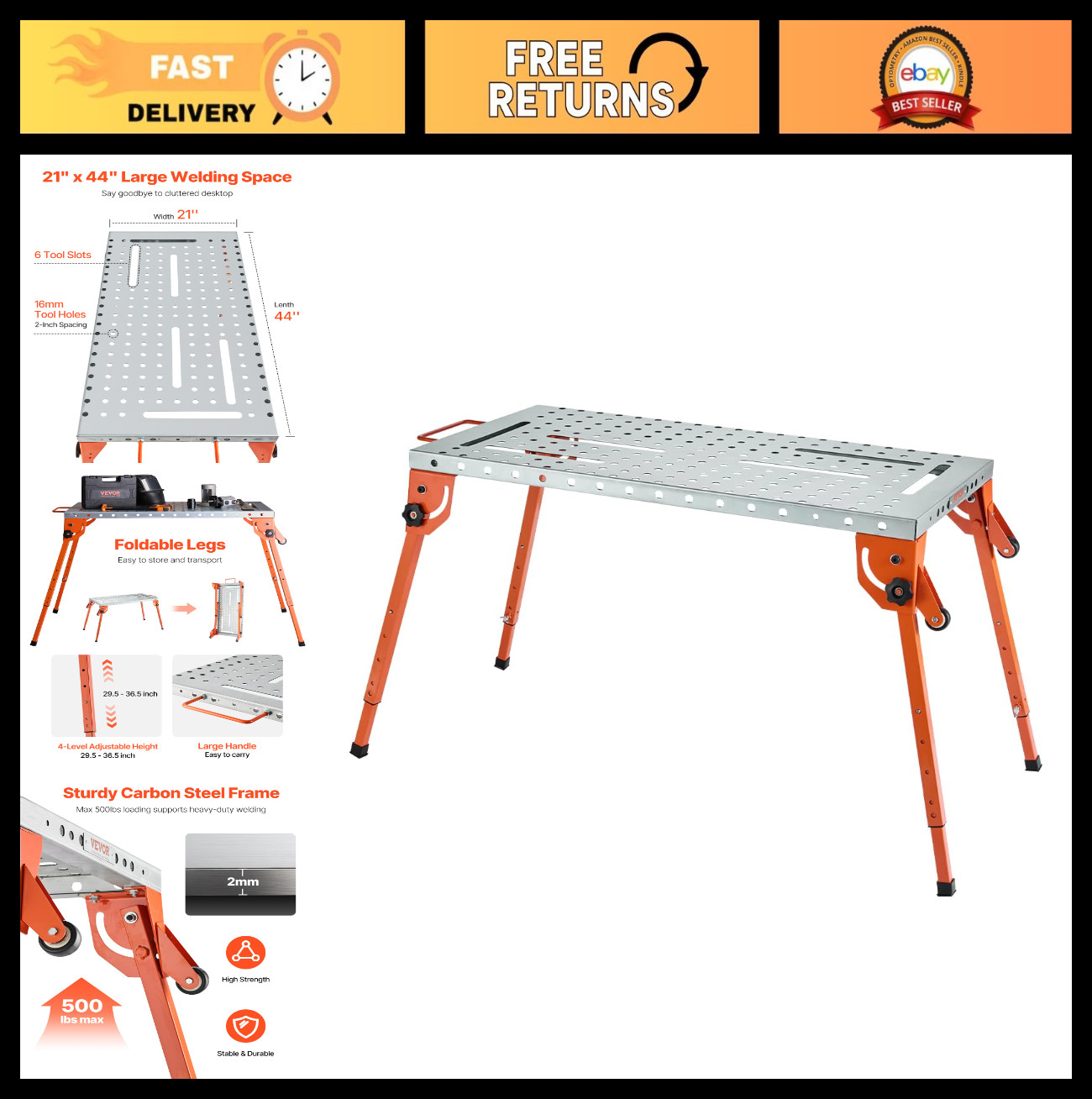 Foldable Welding Table 44″x21″, 500LBS Capacity, Adjustable Height Workbench, To